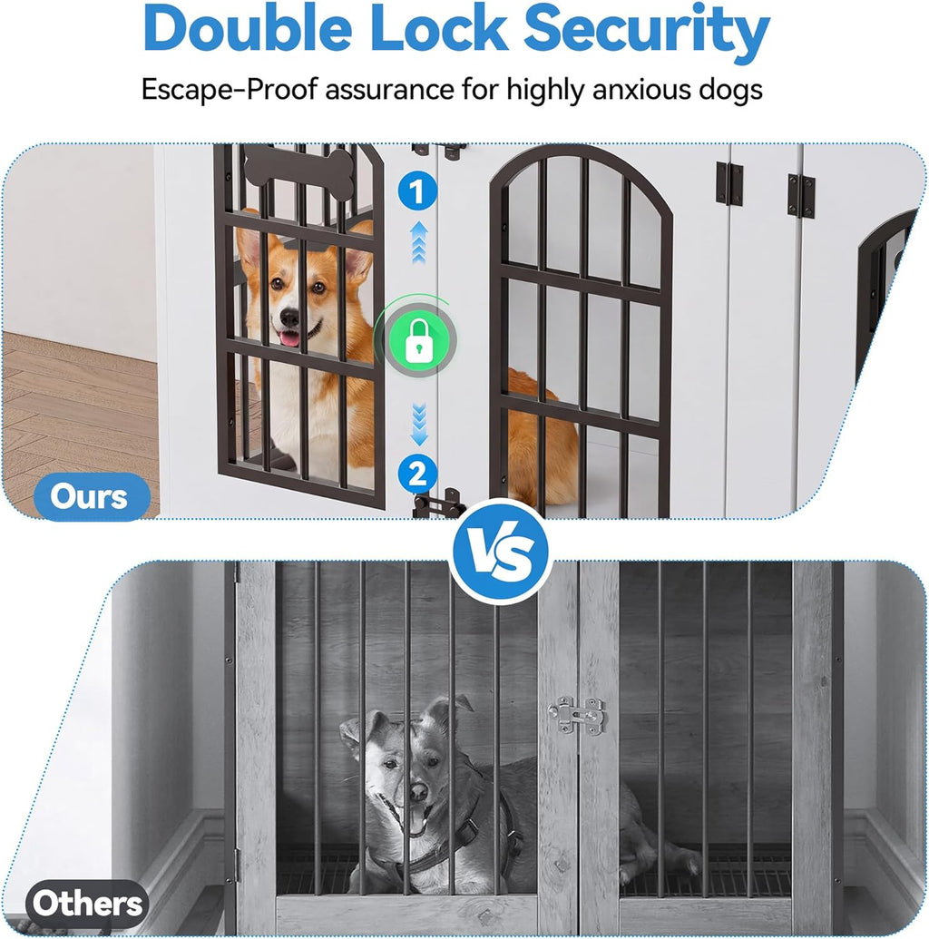 63" Dog Crate Furniture for 2 Dogs, Heavy Duty Indoor Dog Kennel for Medium/Large Dogs, Wooden Dog Cage with Removable Divider, 6 Lockable Wheels, Storage Compartment, White