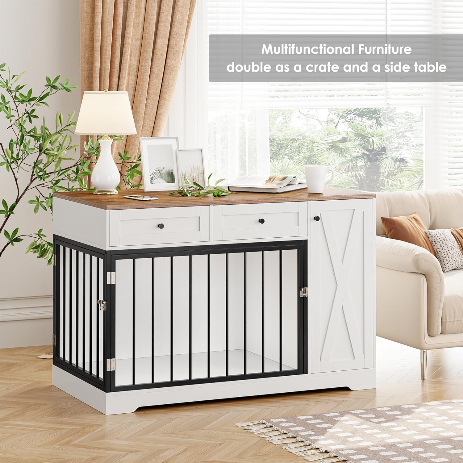 Wooden Dog Crate Furniture, Indoor Pet House with Double Doors & 2 Drawers, Modern Farmhouse Side End Table with Storage Cabinet, for Small to Big Dogs, White