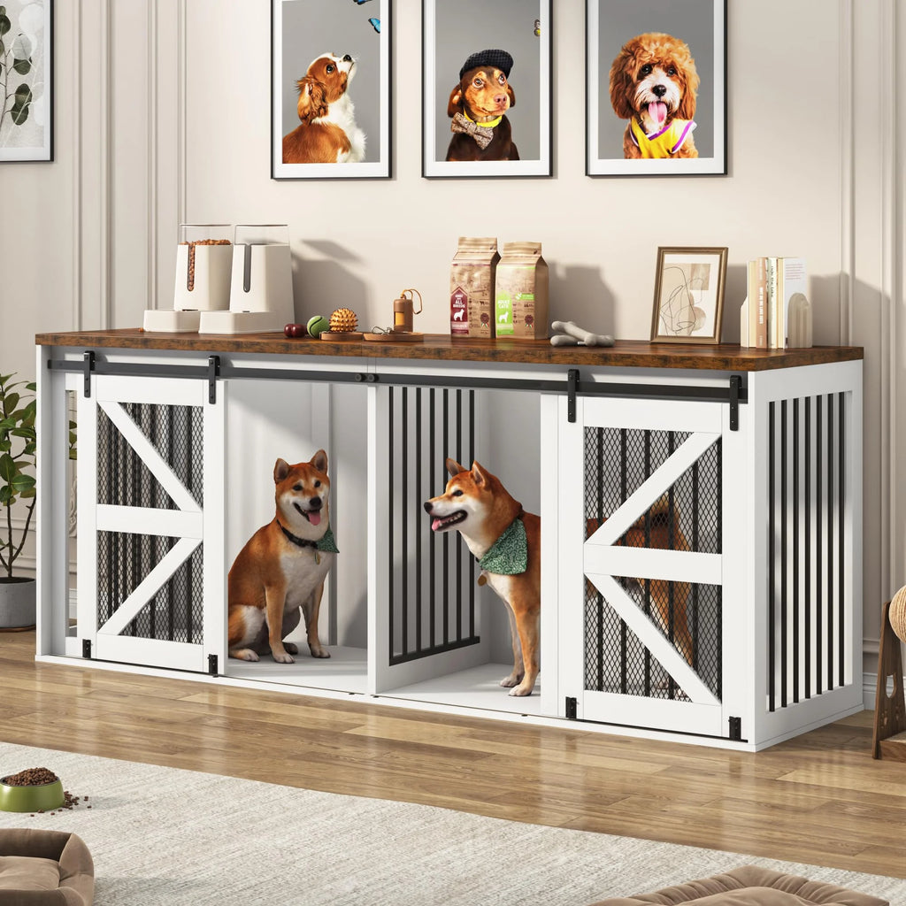 87" Large Farmhouse Dog Crate TV Stand, Wooden Dog Crate Furniture with with Divider Panel/Sliding Metal Mesh Barn Door, XL-XXL Heavty Duty Dog Crates Furniture for 2 Medium or Large Dogs