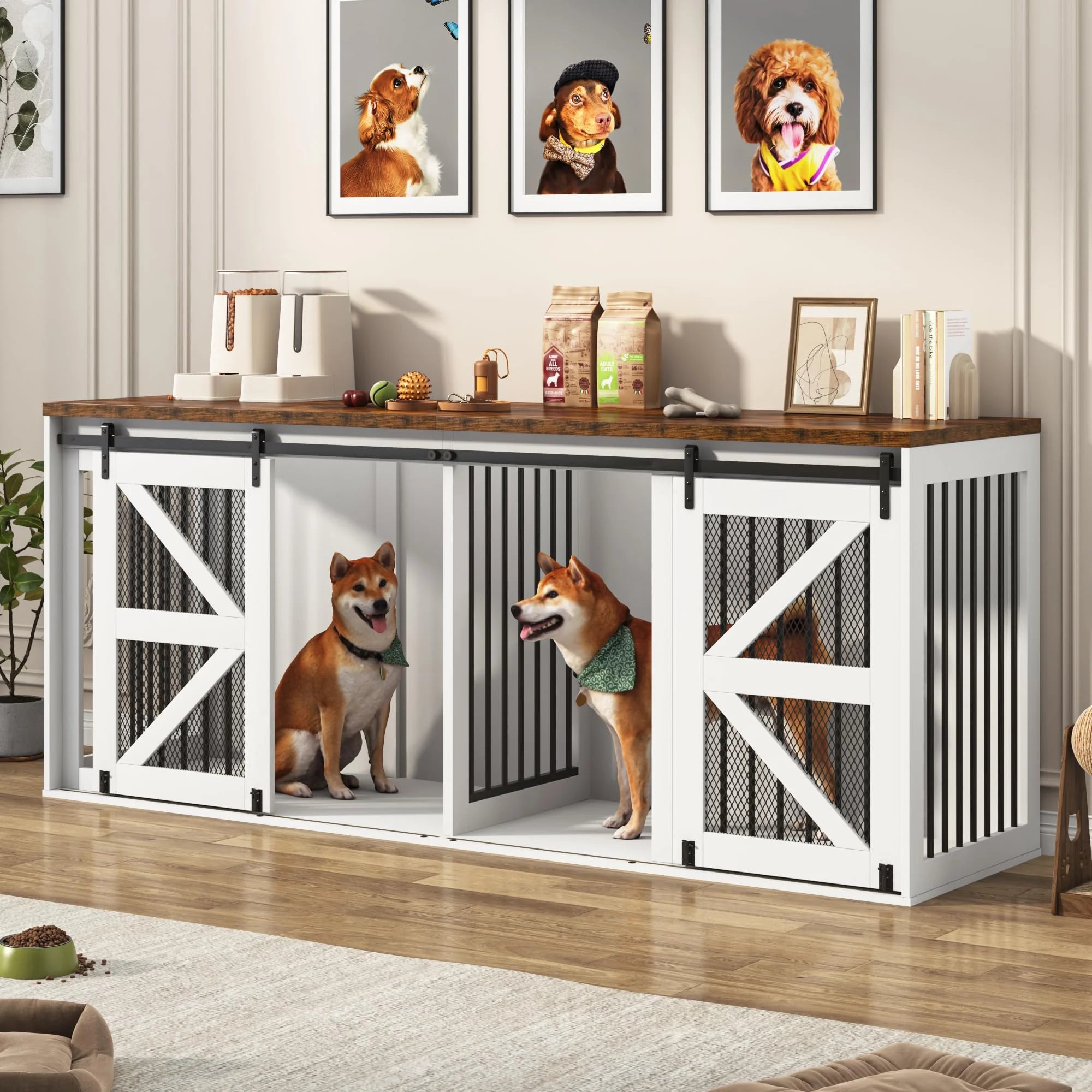 87" Large Farmhouse Dog Crate TV Stand, Wooden Dog Crate Furniture with with Divider Panel/Sliding Metal Mesh Barn Door, XL-XXL Heavty Duty Dog Crates Furniture for 2 Medium or Large Dogs