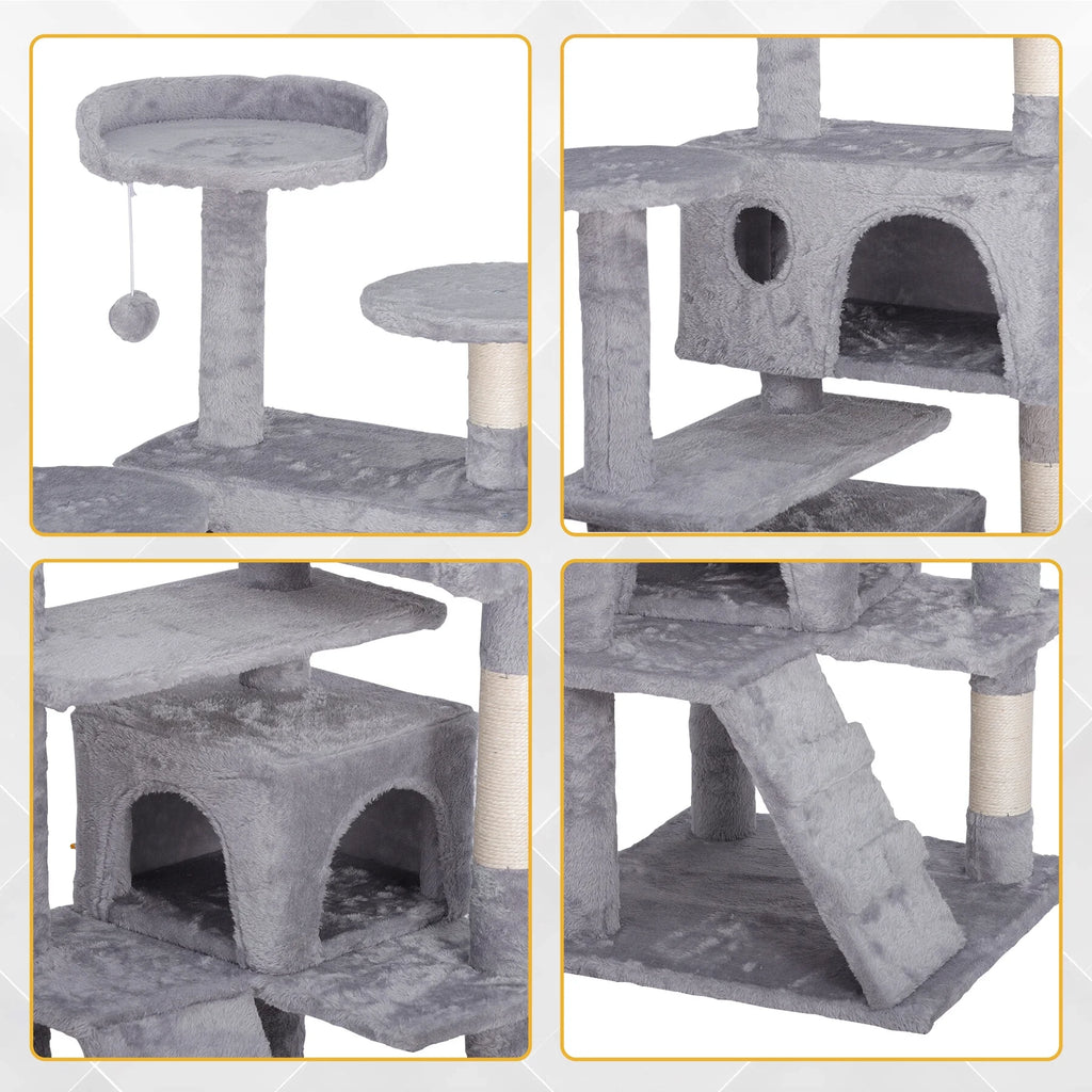 55-In H Cat Tree & Condo Scratching Post Tower, Light Gray