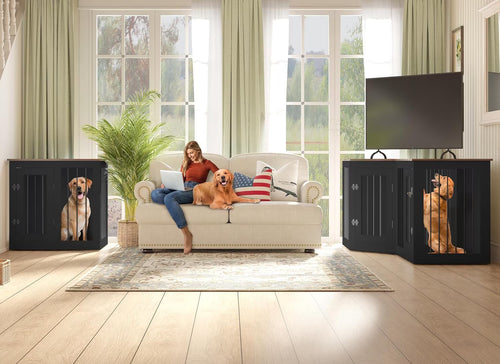 113" Large Dog Crate Furniture for 3 Dogs, Corner Dog Crate with Divider, Wooden Indoor Dog Kennel Furniture, Dog Crate Cage for Large Medium Small Dogs, Combined in 3 Ways