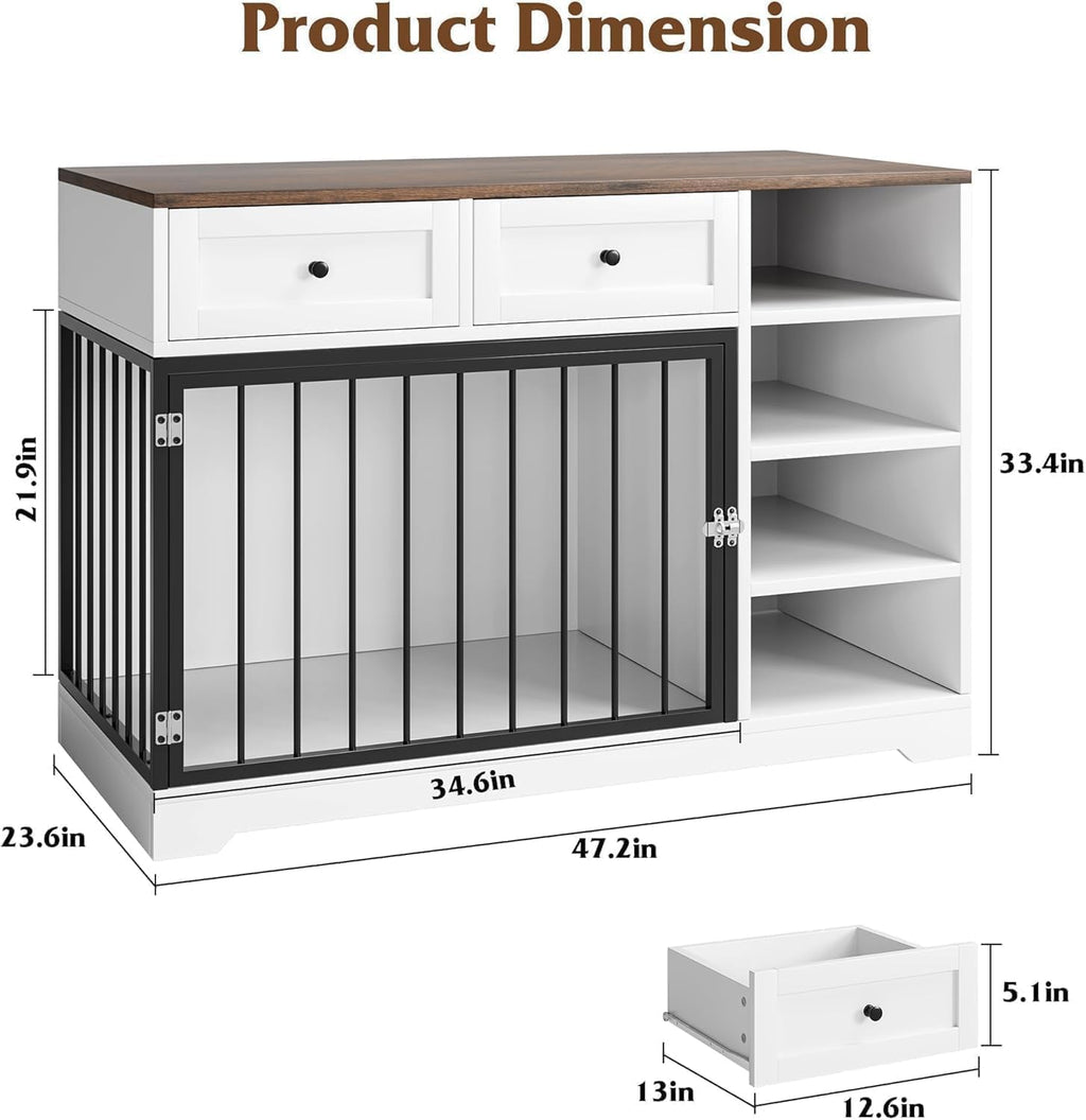 47 in Dog Crate Furniture with 2 Storage Drawers, 4 Deep Shelves, Farmhouse Extra Large Wooden Dogs Cage End Table, Multi-Functional Indoor Dog Kennel for Large Medium Dogs