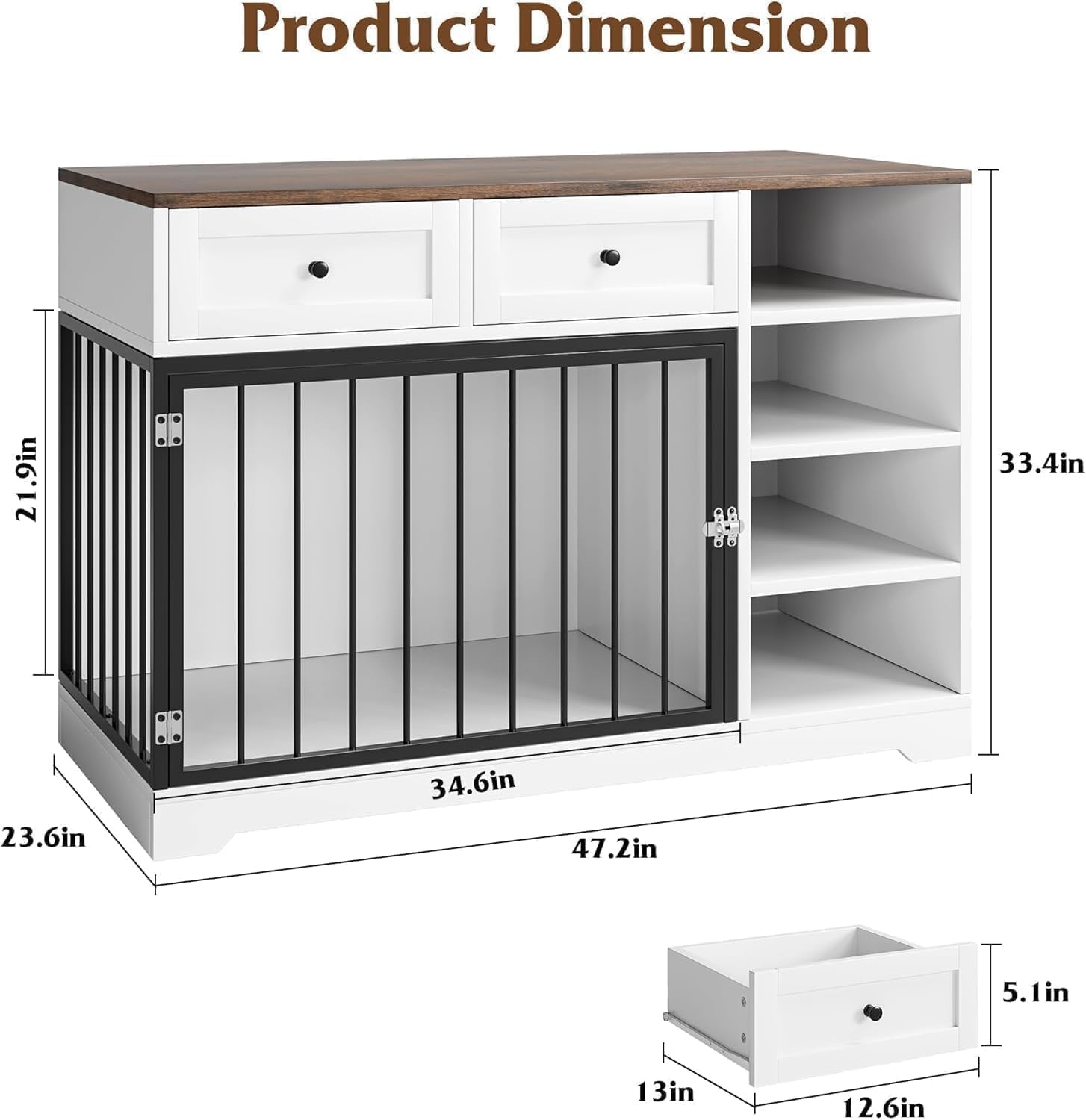 47 in Dog Crate Furniture with 2 Storage Drawers, 4 Deep Shelves, Farmhouse Extra Large Wooden Dogs Cage End Table, Multi-Functional Indoor Dog Kennel for Large Medium Dogs