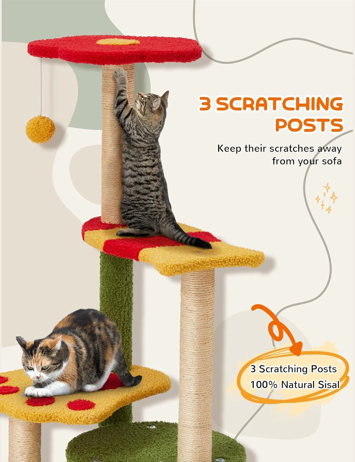 Flower Cat Tree 37In Cute Cat Tree Tower for Indoor Cats with 3 Sisal Covered Scratching Posts, Cozy Tower Condo, Padded Top Perch Green Fun Cat Tree Kitty Condo Cat Furniture for Indoor Cats