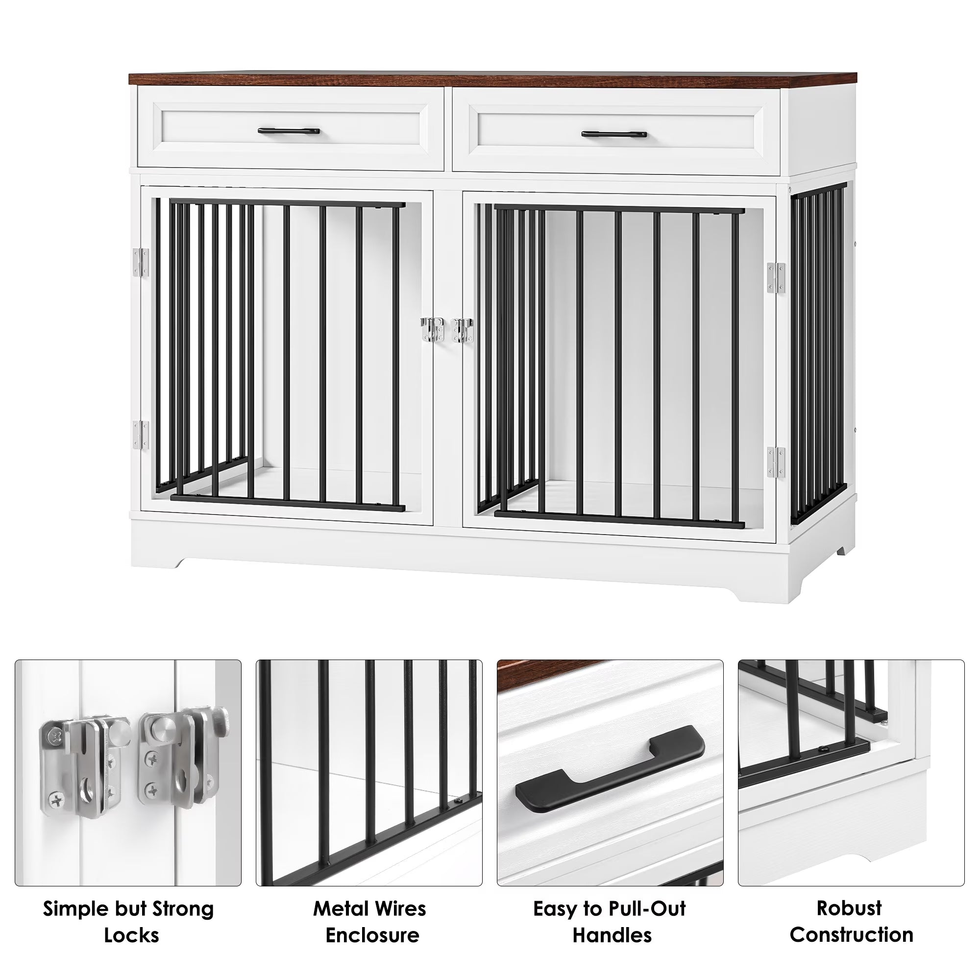 Dog Crate Furniture with 2 Drawers, 47.2 in Wooden Indoor Dog Cage Table with Divider,White