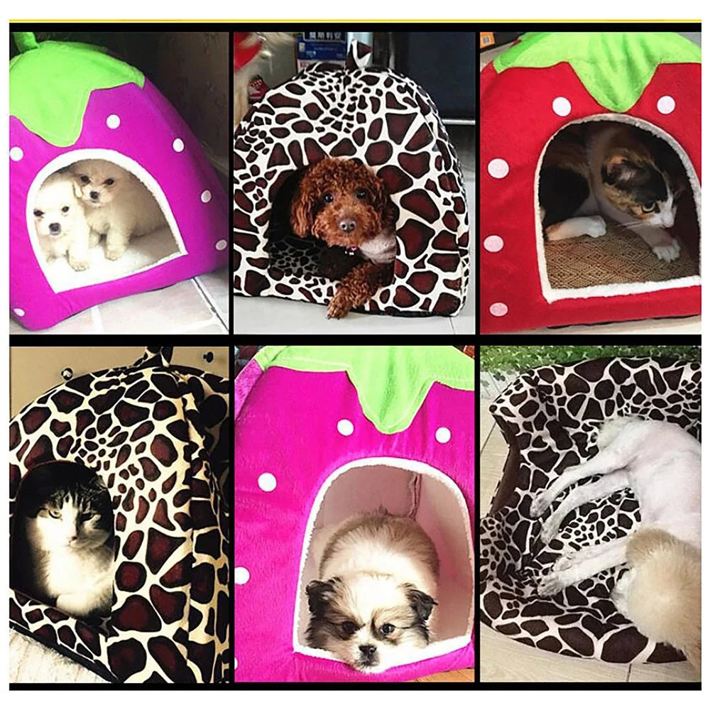 CHGBMOK Winter Cat Houses for Indoors Cute Strawberry Yurt Padded Fold Tent Pet Dog Gate