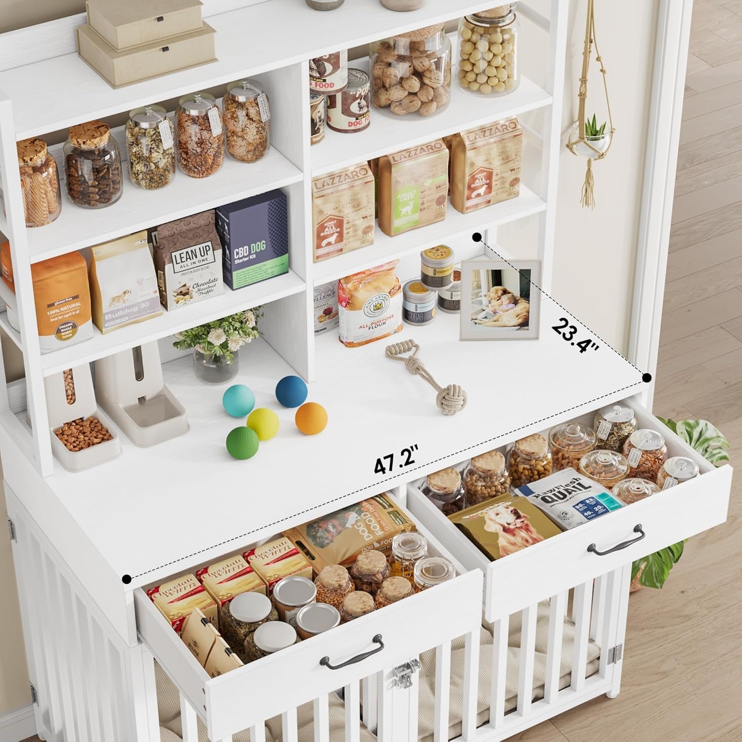 71''H X 47.2''W Large Dog Crate Furniture with 4-Tier Shelves and 2 Storage Drawers, Heavy Duty Dog Cage Furniture with 2 Doors, Wood & Metal Dog Kennel Indoor for Small/Medium/Large Dog, White