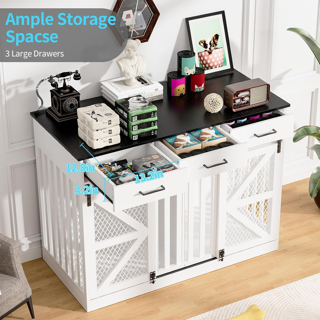 Large Dog Crate Furniture with Sliding Barn Door, 48" Wooden Dog Kennel Indoor End Side Table for Home Decor, Removable Divider, 3 Drawers, Furniture Style Dog Crate TV Stand