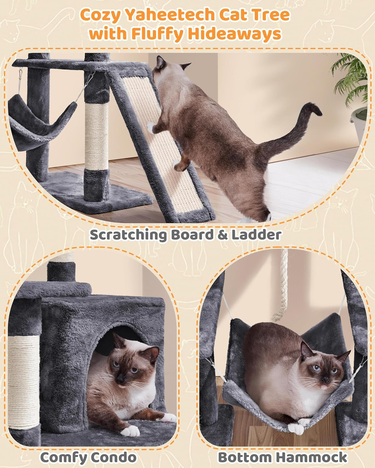 Yaheetech 63In Sturdy Large Cat Tree for Indoor Heavy Cats, Tall Tower | Plush Condo, Hammock, Sisal Scratching Posts, Multi-Pet Friendly, Easy to Assemble, Stable Wide Base