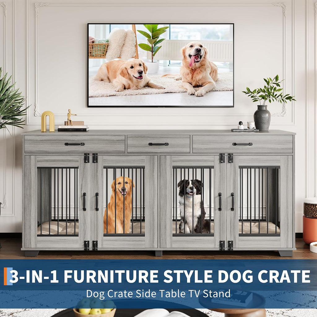 71'' Dog Crate Furniture, Double Wooden Dog Crate for 2 Dogs, Heavy Duty Dog Kennel Furniture as TV Stand with Divider for Small/Medium/Large Dogs