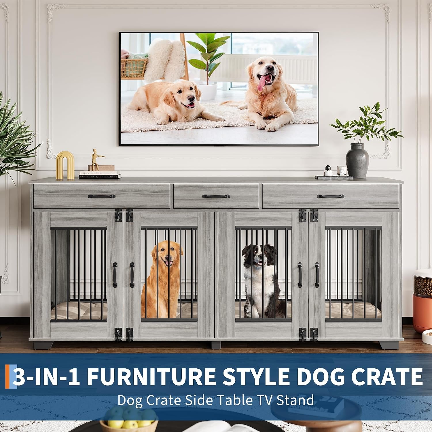 71'' Dog Crate Furniture, Double Wooden Dog Crate for 2 Dogs, Heavy Duty Dog Kennel Furniture as TV Stand with Divider for Small/Medium/Large Dogs