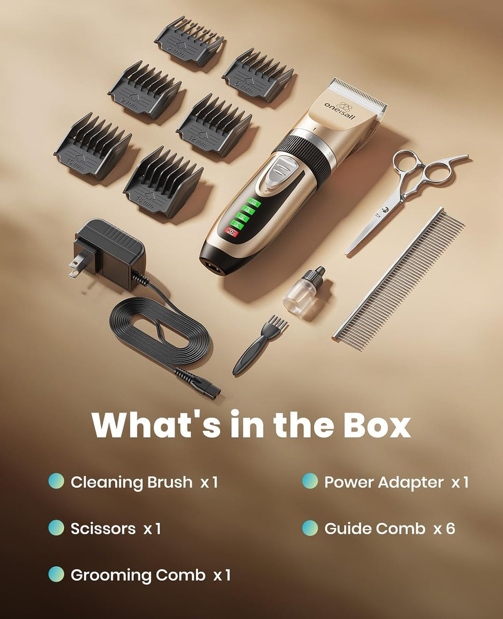 Dog Grooming Clippers with LED Display for Dogs & Cats | Low Noise Quiet,2-Speed,Cordless Rechargeable,Fast Charge,Detachable,Waterproof,Battery Level Display, Model X2,Gold