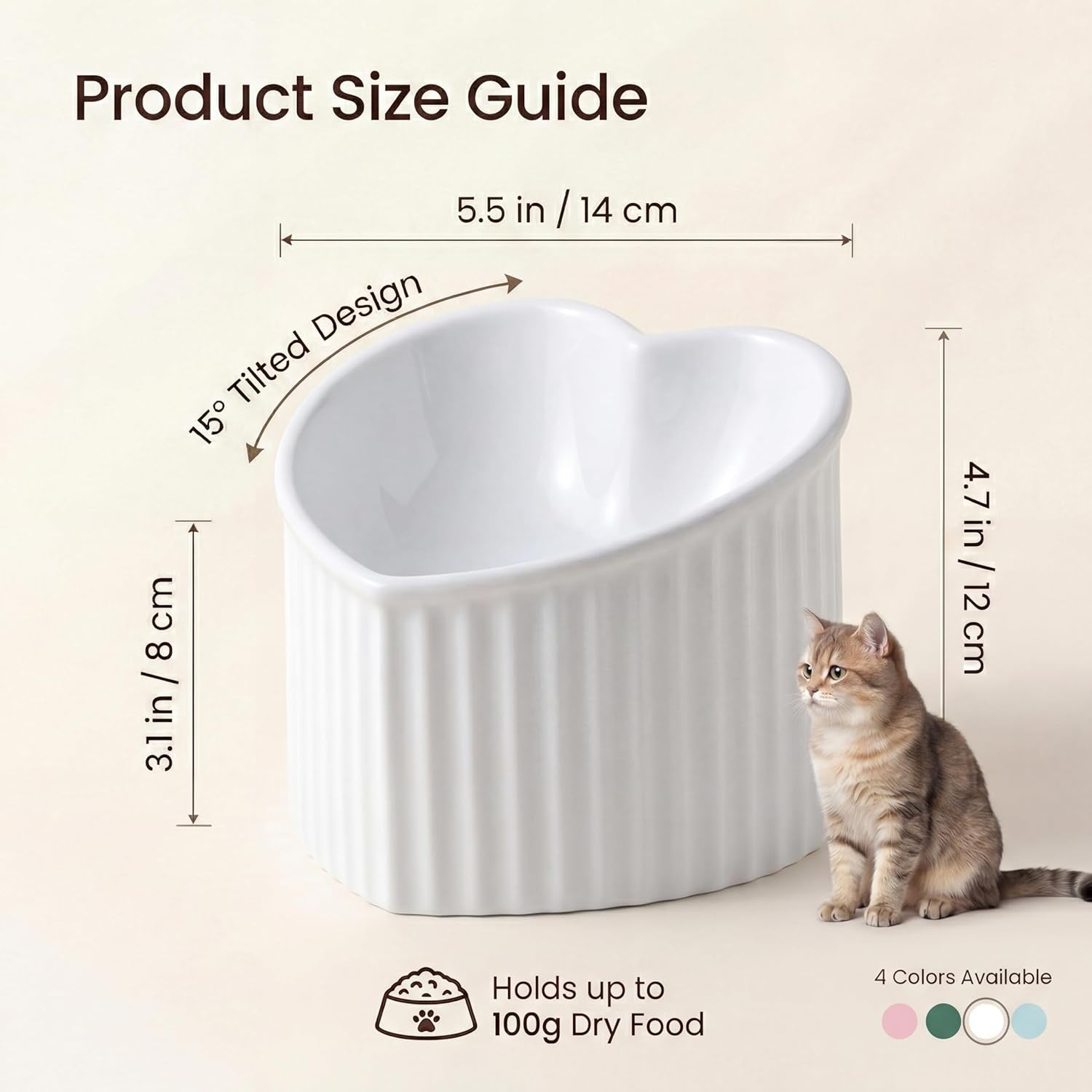 White Ceramic Raised Cat Bowls, Tilted Elevated Food or Water Bowls, Stress Free, Backflow Prevention, Dishwasher and Microwave Safe, Lead & Cadmium Free