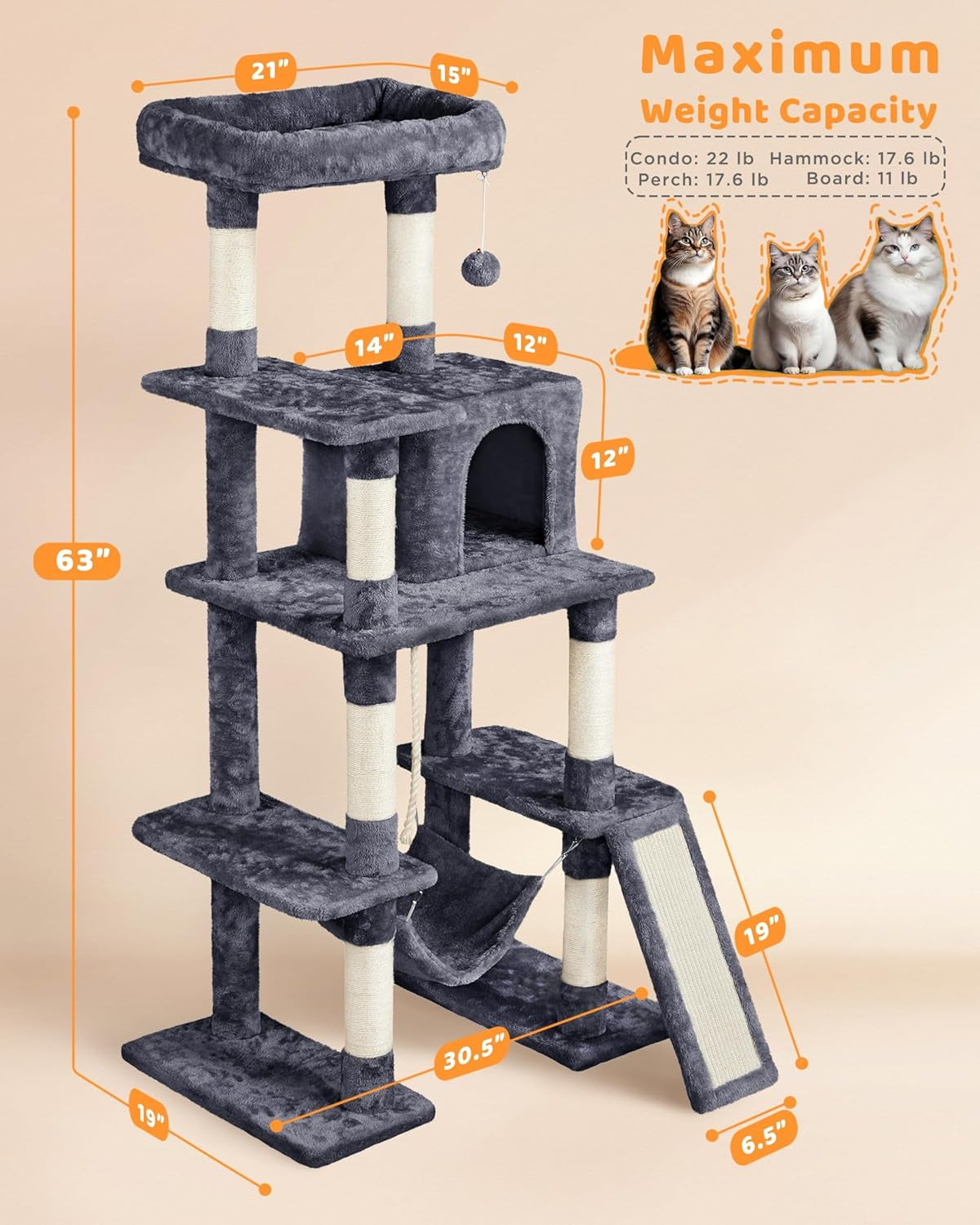 Yaheetech 63In Sturdy Large Cat Tree for Indoor Heavy Cats, Tall Tower | Plush Condo, Hammock, Sisal Scratching Posts, Multi-Pet Friendly, Easy to Assemble, Stable Wide Base