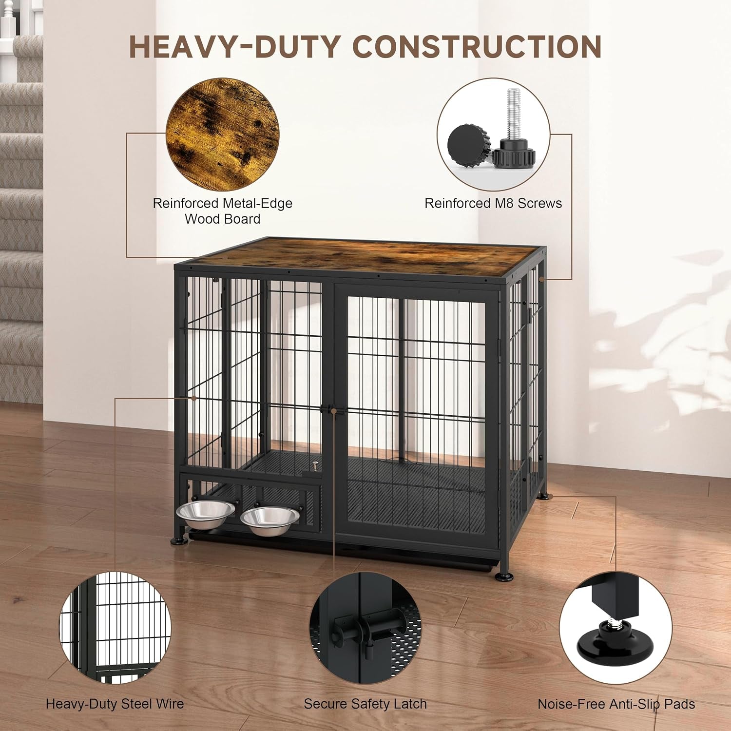 Heavy Duty Dog Crate for Small Dogs, 3 in 1 32.7" Foldable Collapsible Dog Kennel & Playpen with Lockable Wheels & Feeding Bowls, Escape Proof Metal Dog Cage for Indoor Outdoor Use, Rustic Brown