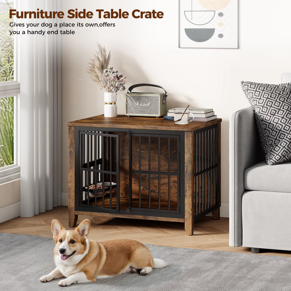 Dog Crate Furniture with 2 Adjustable Dog Bowls, Dog Kennel Indoor with Lockable Doors, 32" Pet Carrier House for Medium, Brown