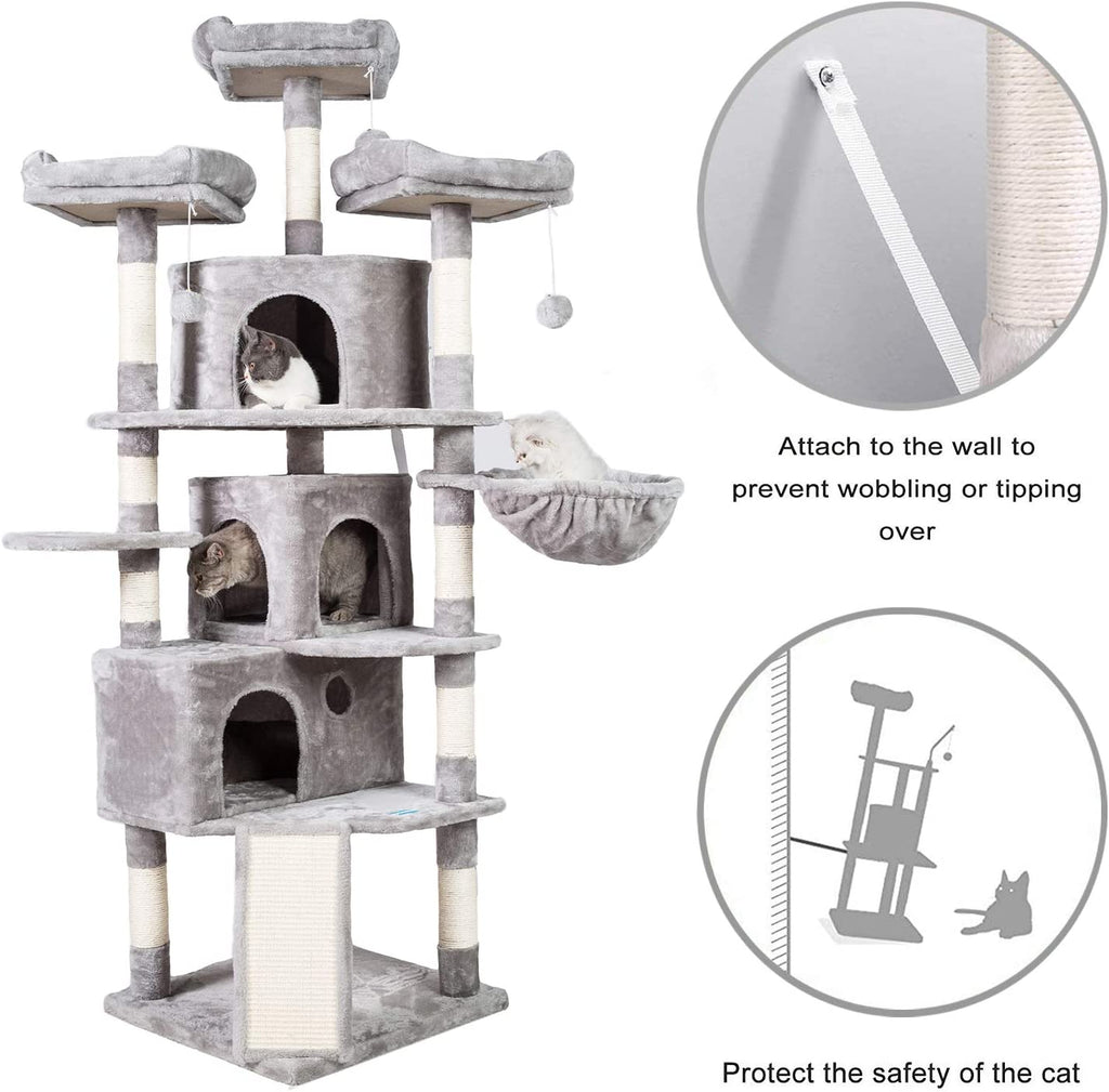 Cat Tree Tower with Multi-Level Large Condo, Platform, MPJ032W | 73.4 Inch Cat Tower with 3 Caves, 3 Cozy Perches, Scratching Posts, Board, Activity Center Stable for Indoor Cats, Light Gray