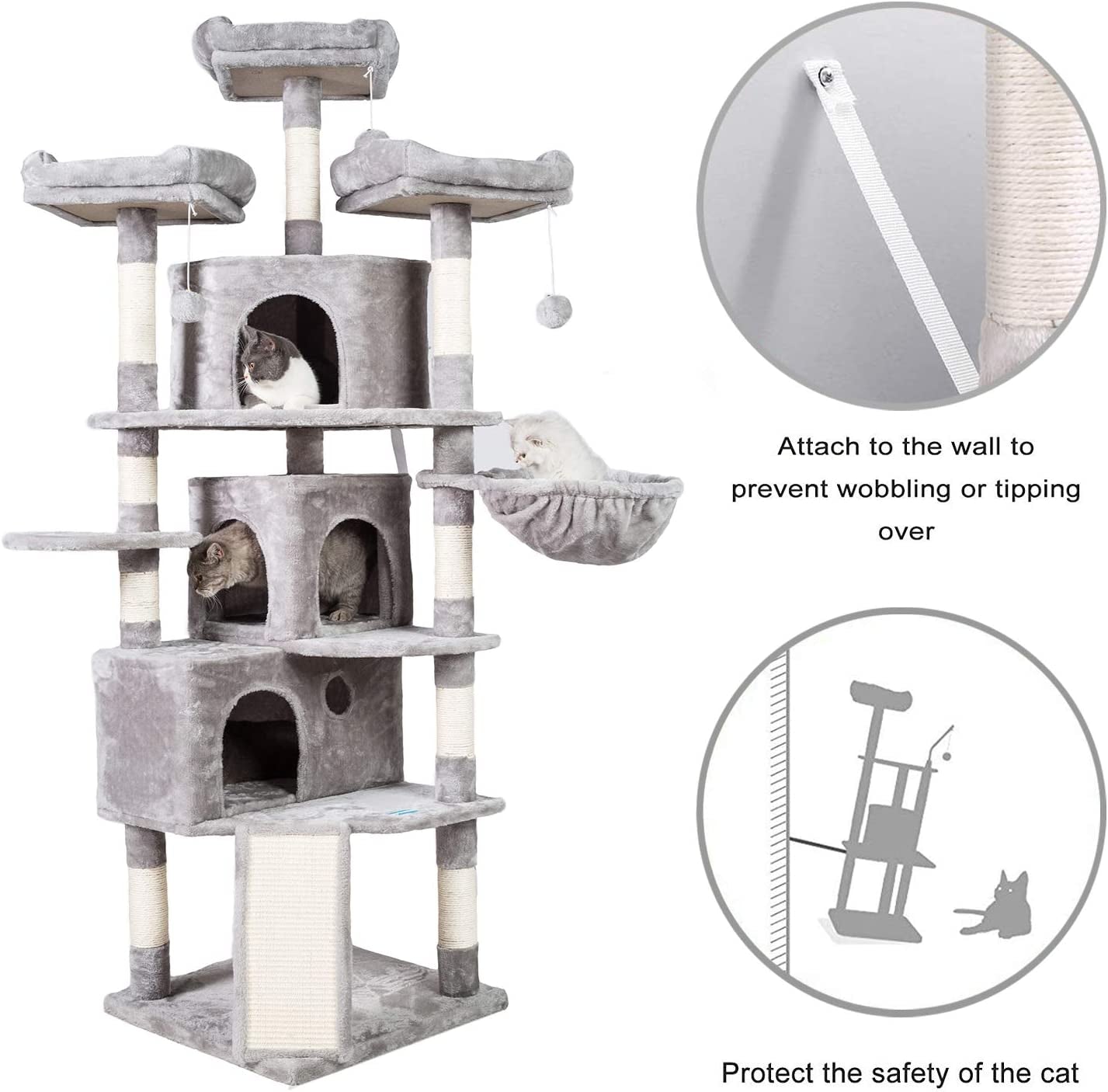 Cat Tree Tower with Multi-Level Large Condo, Platform, MPJ032W | 73.4 Inch Cat Tower with 3 Caves, 3 Cozy Perches, Scratching Posts, Board, Activity Center Stable for Indoor Cats, Light Gray