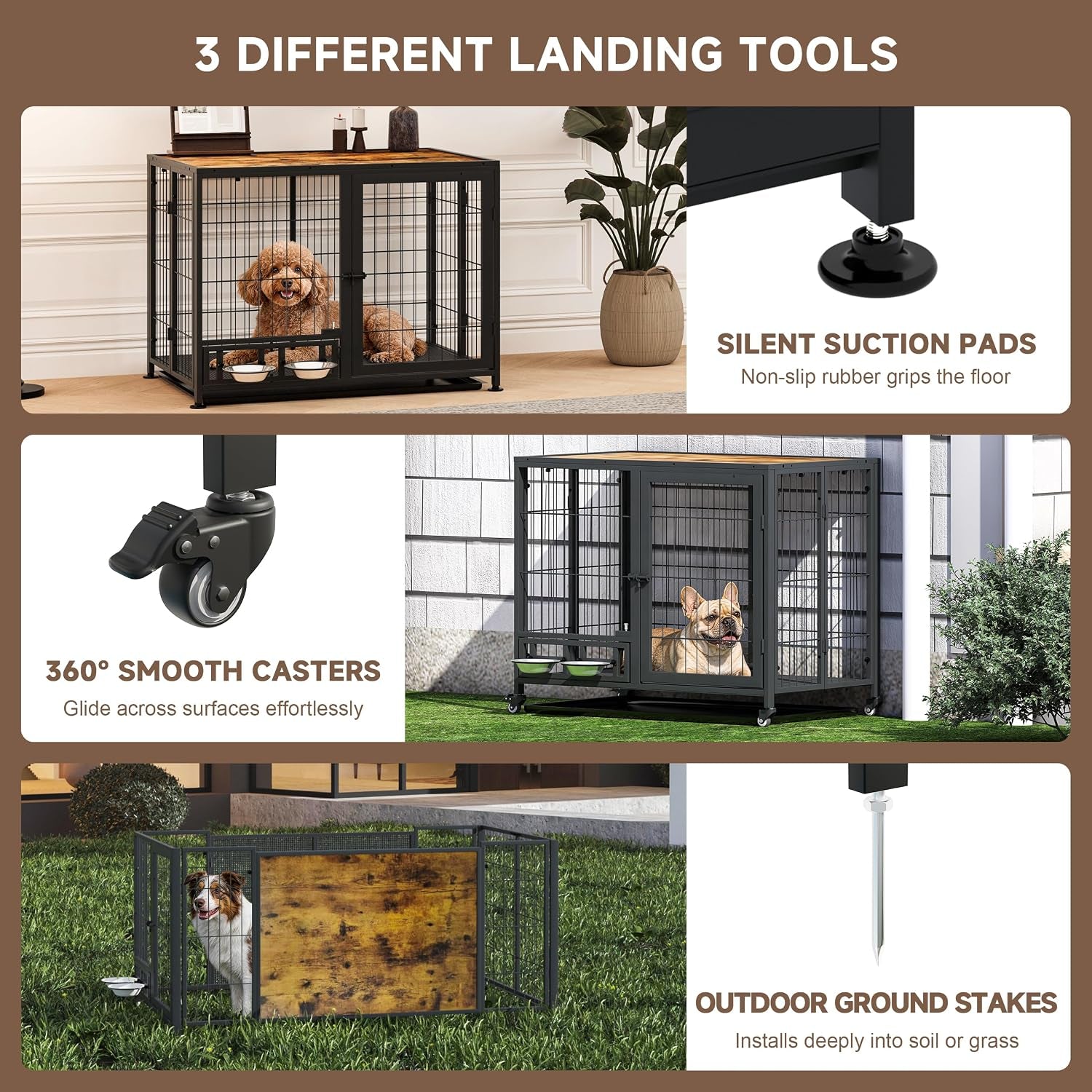 Heavy Duty Dog Crate for Small Dogs, 3 in 1 32.7" Foldable Collapsible Dog Kennel & Playpen with Lockable Wheels & Feeding Bowls, Escape Proof Metal Dog Cage for Indoor Outdoor Use, Rustic Brown