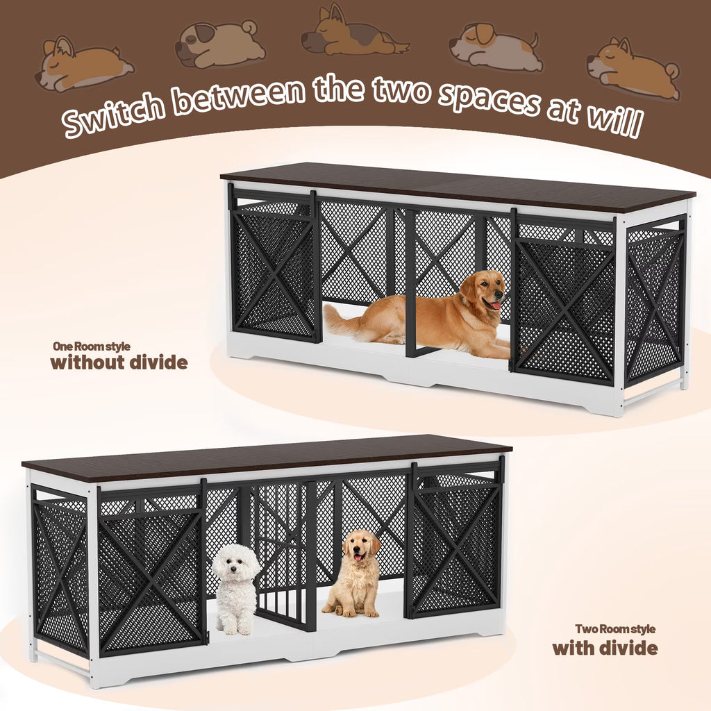 78 Inch Wooden Double Dog Crate Furniture with Divider, Indoor Kennel Table for 2 Large Dogs White