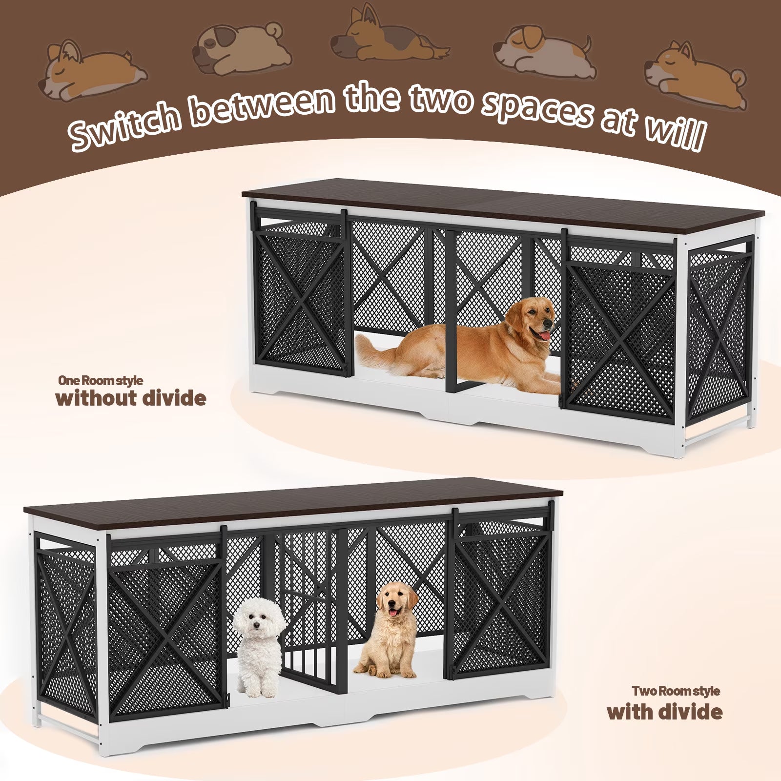 78 Inch Wooden Double Dog Crate Furniture with Divider, Indoor Kennel Table for 2 Large Dogs White