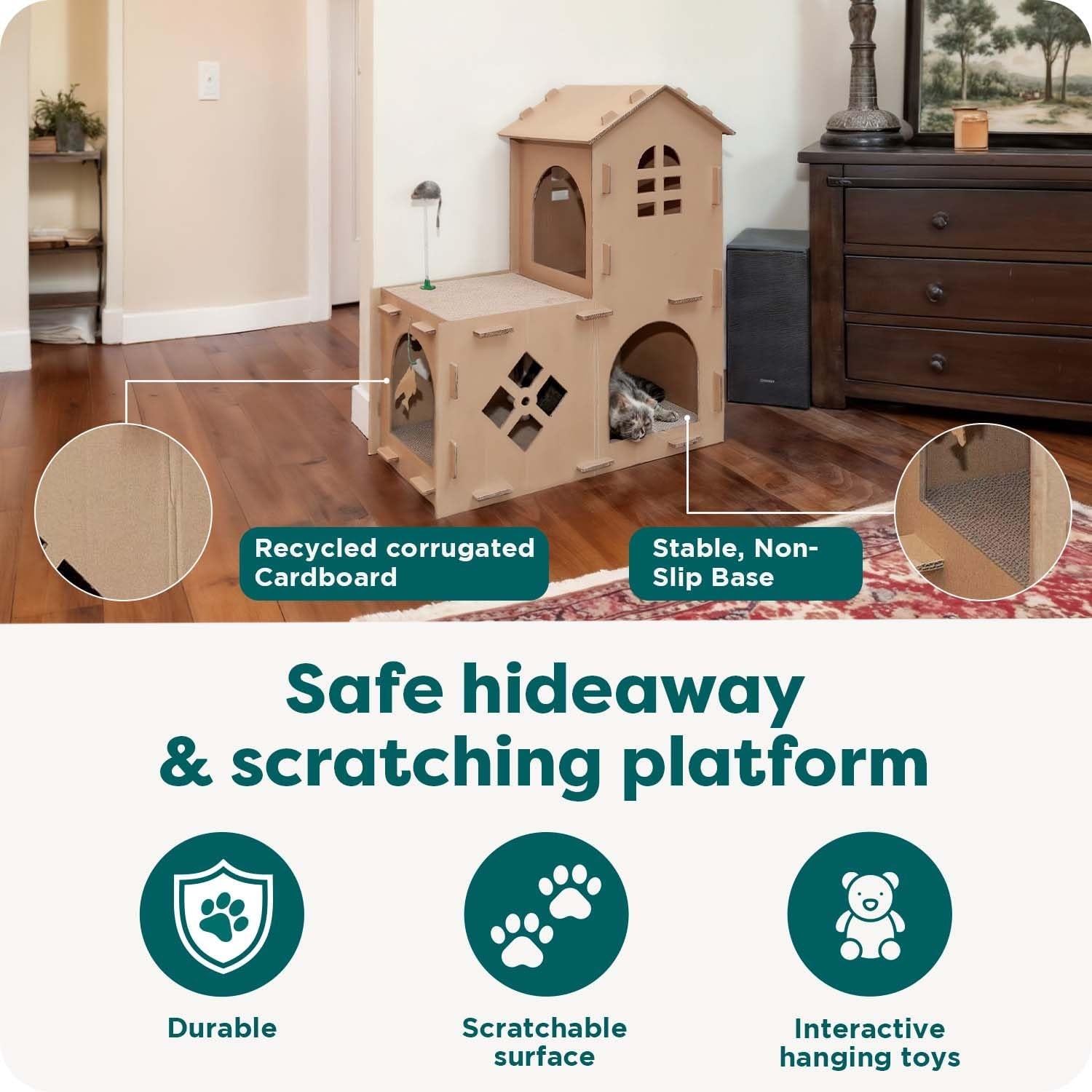 Townhouse Multi-Level Cardboard Cat House for Indoor Cats with Catnip & Toys, Double-Walled Corrugated Scratcher Designed for Lounging, Play & Comfort, One Size, Cardboard, Brown