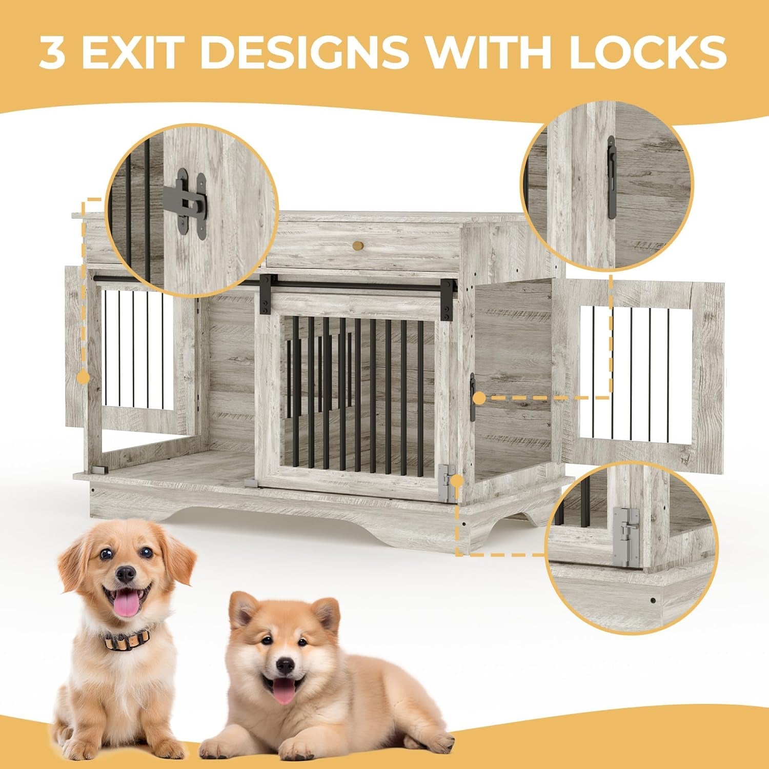 Dog Crate Furniture 2 Dogs, 47" Double Dog Kennel with Removable Divider | Double Dog Crate 2 Drawers, Decorative TV Stand Side Table, Indoor Pet Cage for Large/Medium/Small Dogs New Grey