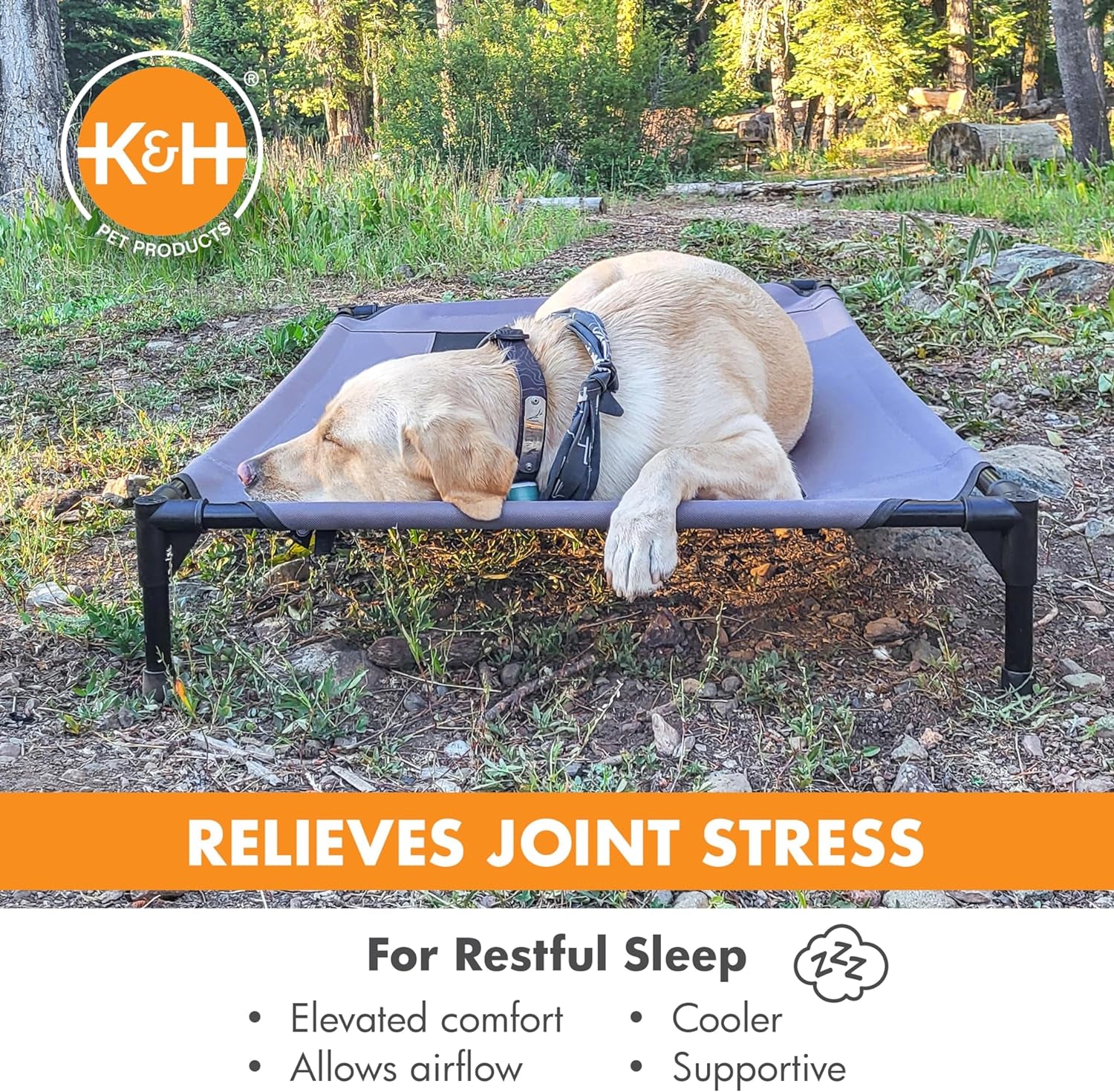 K&H Outdoor Elevated Dog Bed - Cooling Raised Dog Bed for Medium & Large Pets, Breathable Mesh Center Hammock Design, Indoor/Outdoor Washable Cover, Portable Metal Frame, Gray, Large 42X30In
