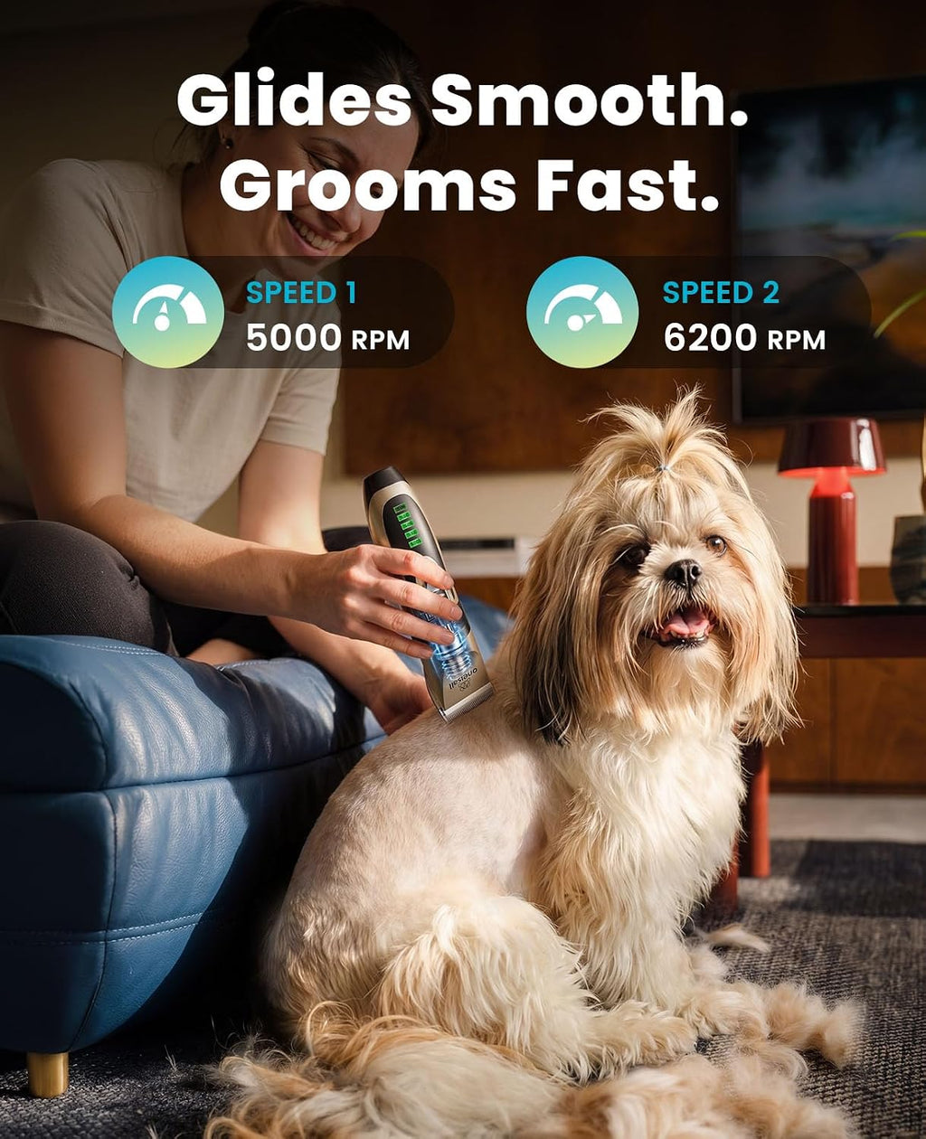 Dog Grooming Clippers with LED Display for Dogs & Cats | Low Noise Quiet,2-Speed,Cordless Rechargeable,Fast Charge,Detachable,Waterproof,Battery Level Display, Model X2,Gold