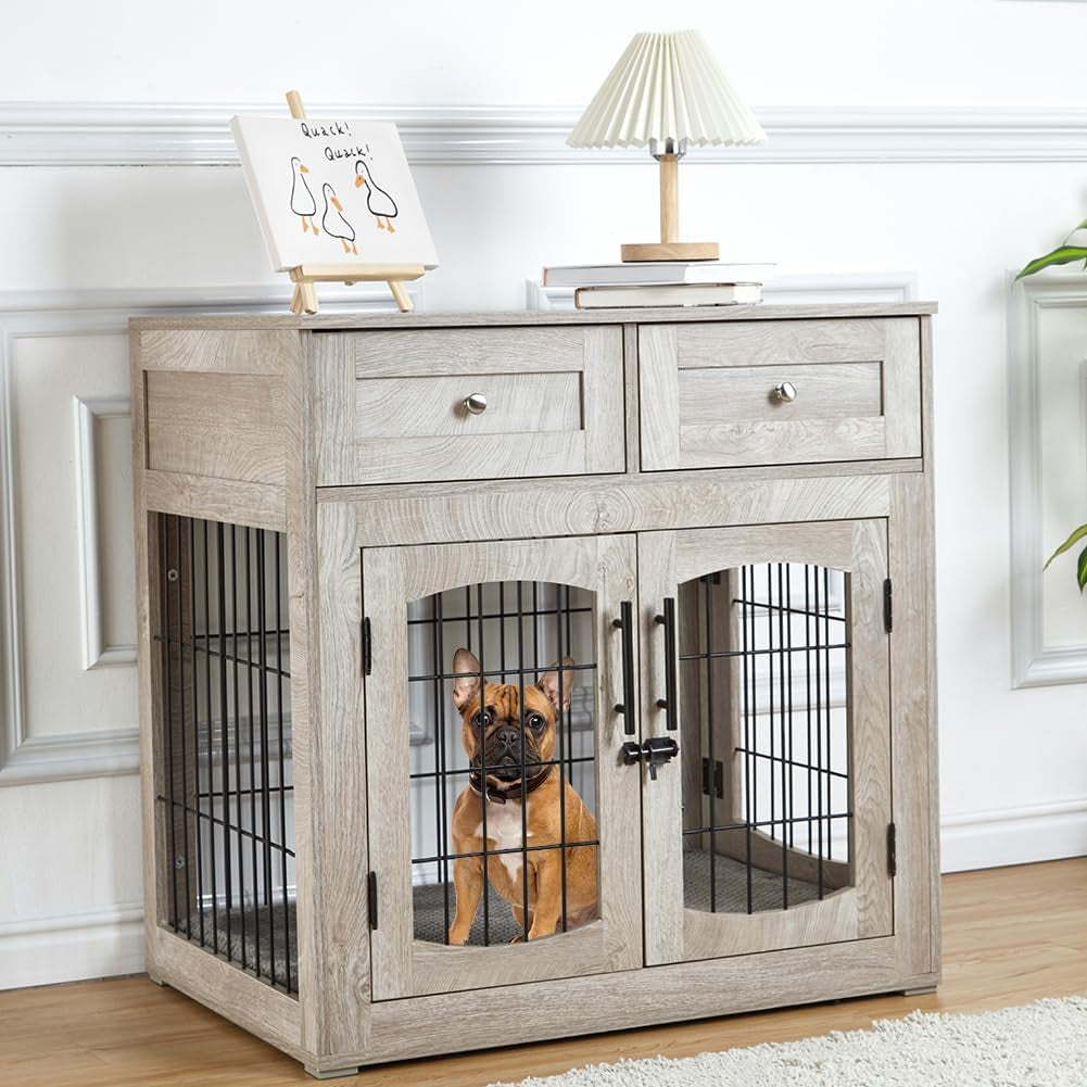 Dog Crate Furniture with Cushion,Wooden Dog Crate Table with 2 Drawers,3-Doors Dog Furniture,Indoor Dog Kennel,Dog House,Dog Cage,Side End Table(31.5 * 23.6 * 32Inch, Rustic Grey)