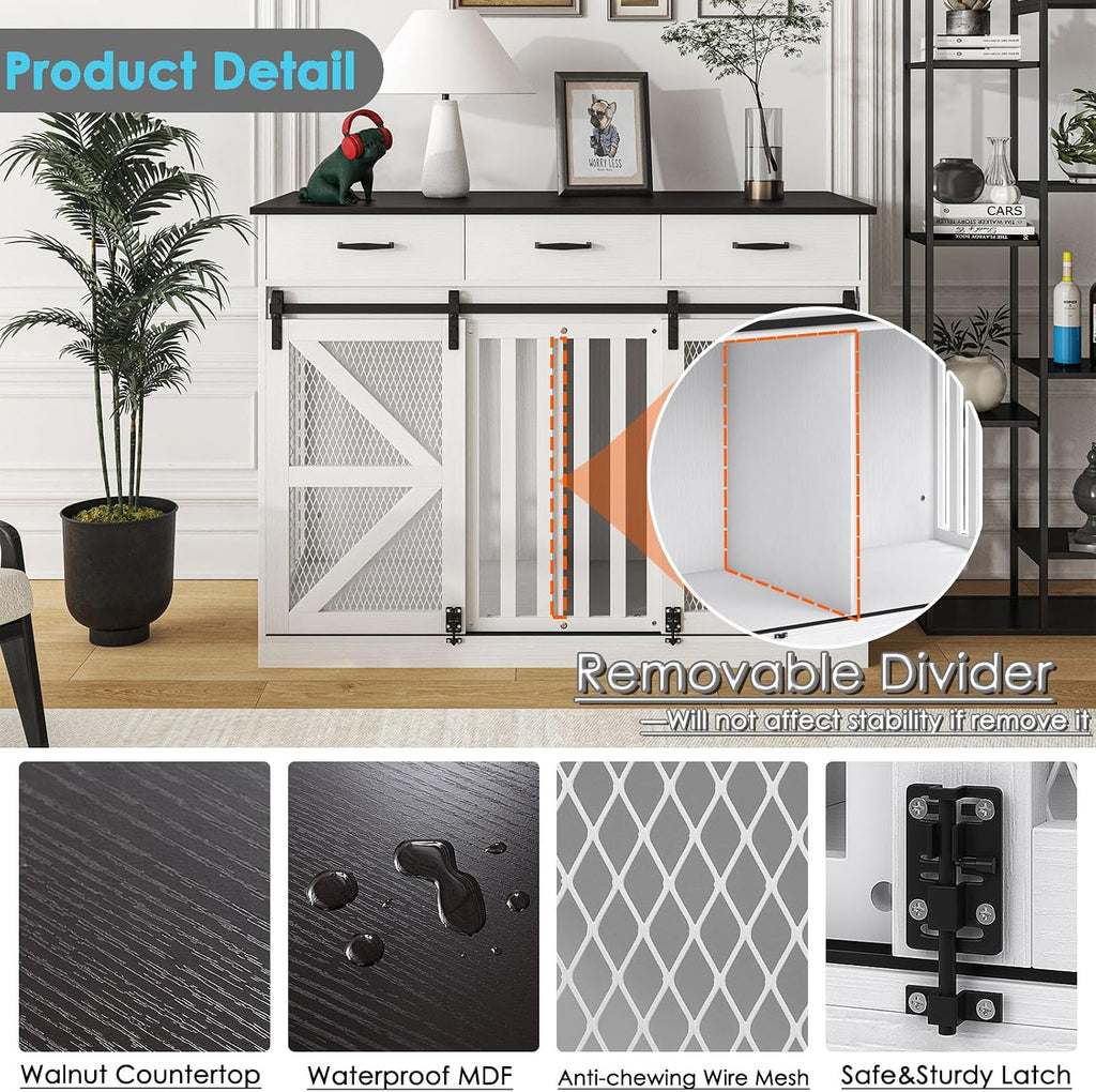 Large Dog Crate Furniture with Sliding Barn Door, 48" Wooden Dog Kennel Indoor End Side Table for Home Decor, Removable Divider, 3 Drawers, Furniture Style Dog Crate TV Stand