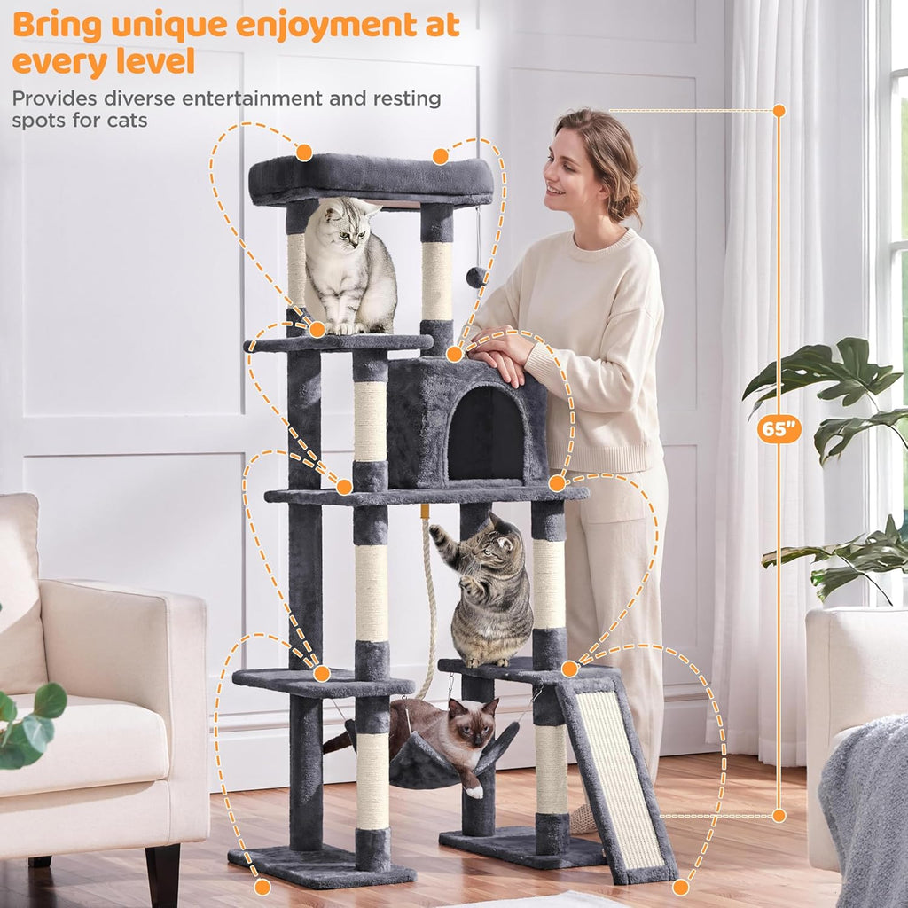 Yaheetech 63In Sturdy Large Cat Tree for Indoor Heavy Cats, Tall Tower | Plush Condo, Hammock, Sisal Scratching Posts, Multi-Pet Friendly, Easy to Assemble, Stable Wide Base