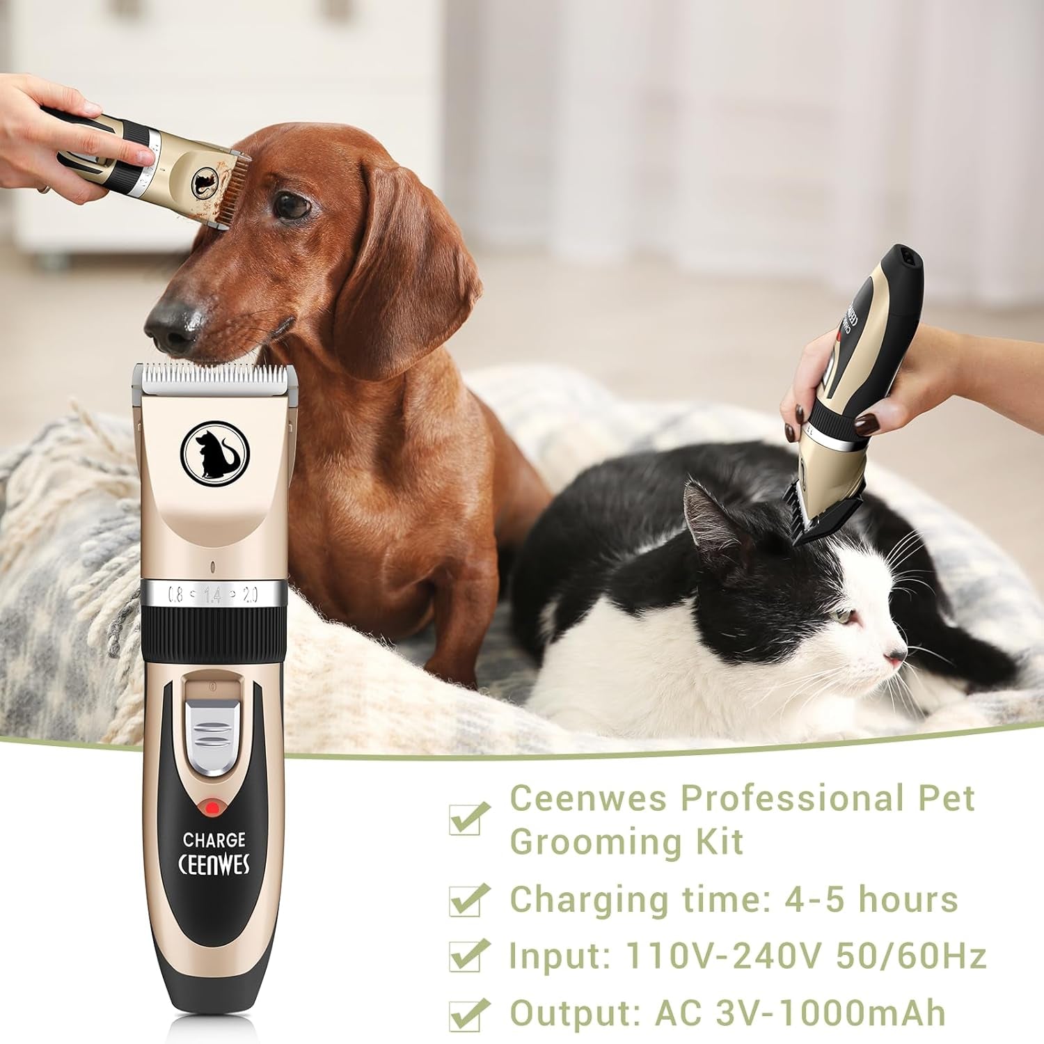 Dog Clippers Low Noise Pet Clippers Rechargeable Trimmer Cordless Grooming Tool Professional Dog Hair Trimmer with Comb Guides Scissors for Dogs Cats & Others（Gold）
