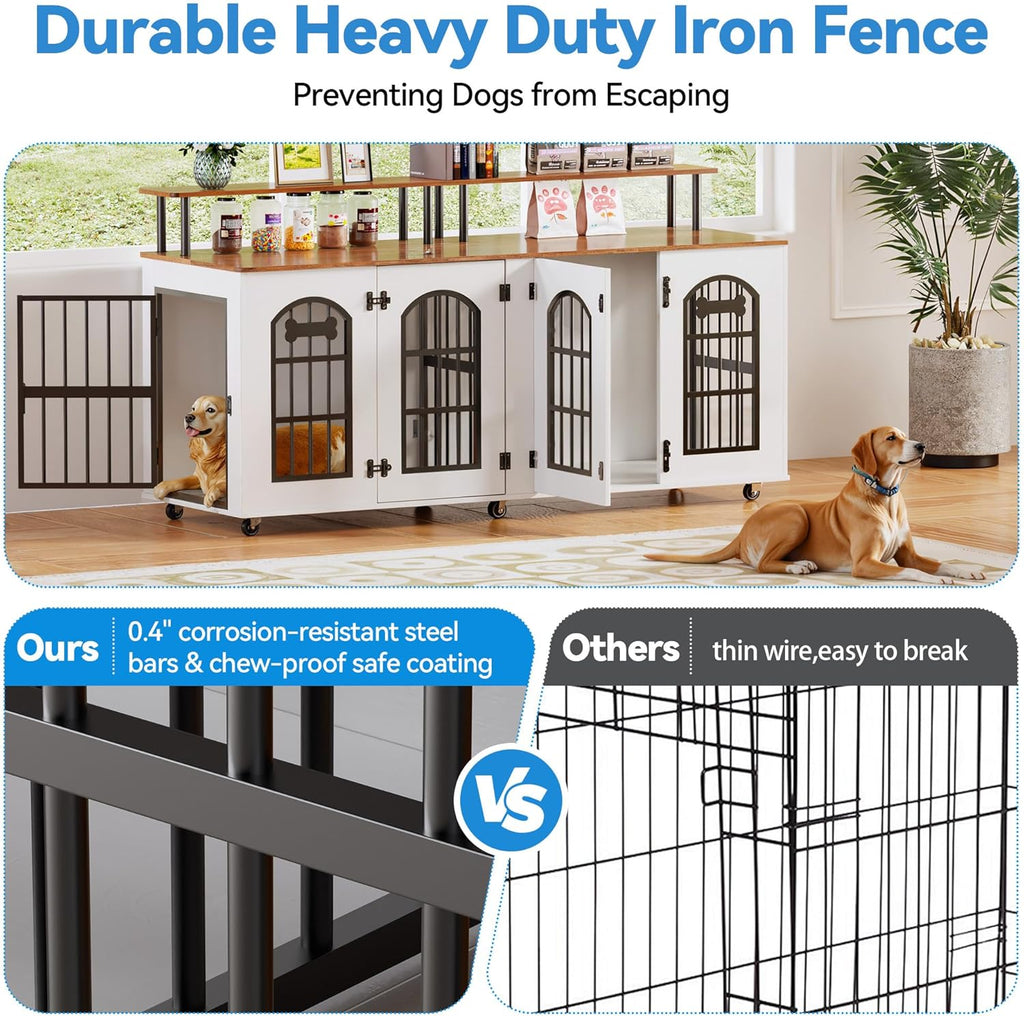 63" Dog Crate Furniture for 2 Dogs, Heavy Duty Indoor Dog Kennel for Medium/Large Dogs, Wooden Dog Cage with Removable Divider, 6 Lockable Wheels, Storage Compartment, White