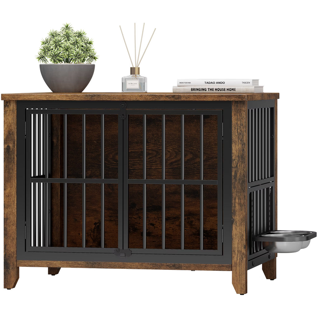 Dog Crate Furniture with 2 Adjustable Dog Bowls, Dog Kennel Indoor with Lockable Doors, 32" Pet Carrier House for Medium, Brown
