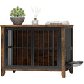 Dog Crate Furniture with 2 Adjustable Dog Bowls, Dog Kennel Indoor with Lockable Doors, 32" Pet Carrier House for Medium, Brown