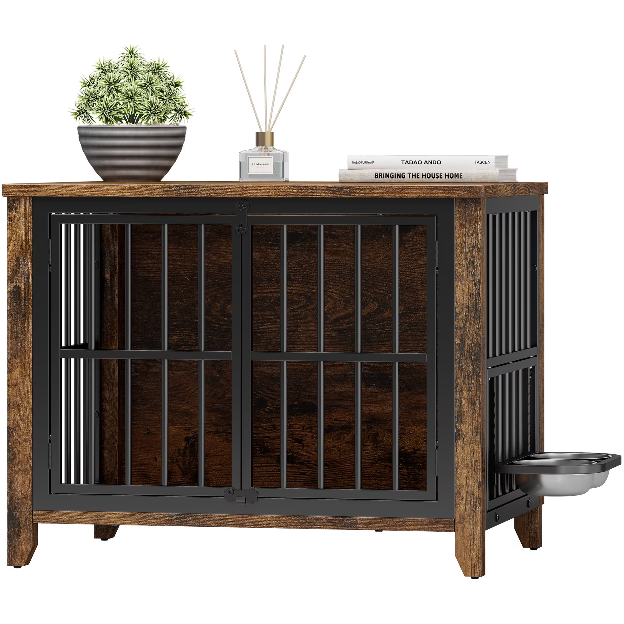 Dog Crate Furniture with 2 Adjustable Dog Bowls, Dog Kennel Indoor with Lockable Doors, 32" Pet Carrier House for Medium, Brown