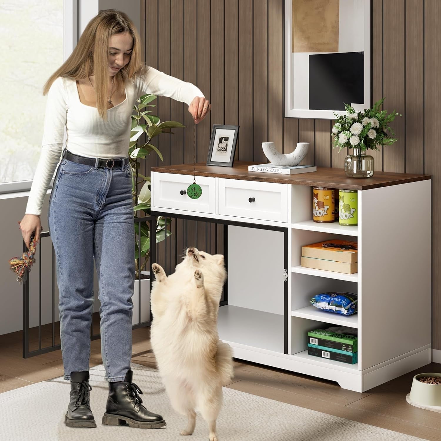 47 in Dog Crate Furniture with 2 Storage Drawers, 4 Deep Shelves, Farmhouse Extra Large Wooden Dogs Cage End Table, Multi-Functional Indoor Dog Kennel for Large Medium Dogs