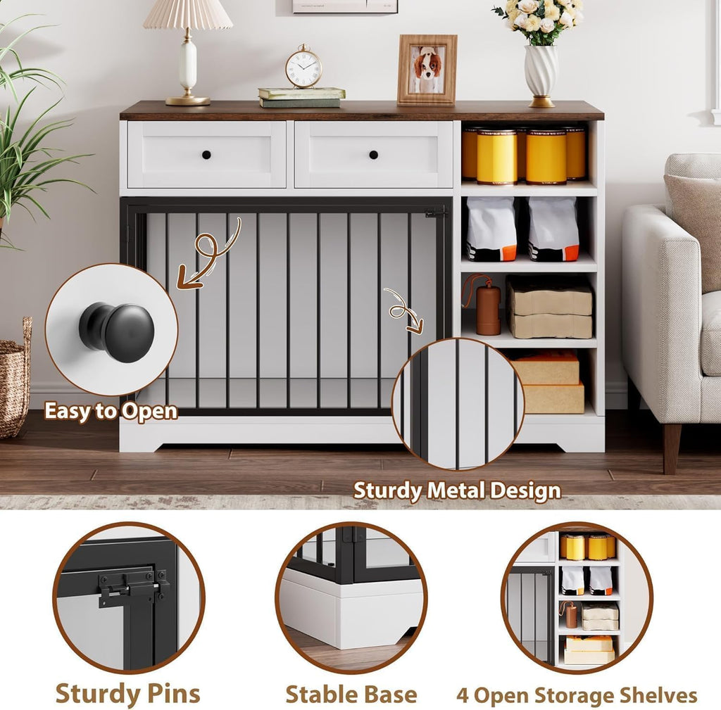 47 in Dog Crate Furniture with 2 Storage Drawers, 4 Deep Shelves, Farmhouse Extra Large Wooden Dogs Cage End Table, Multi-Functional Indoor Dog Kennel for Large Medium Dogs