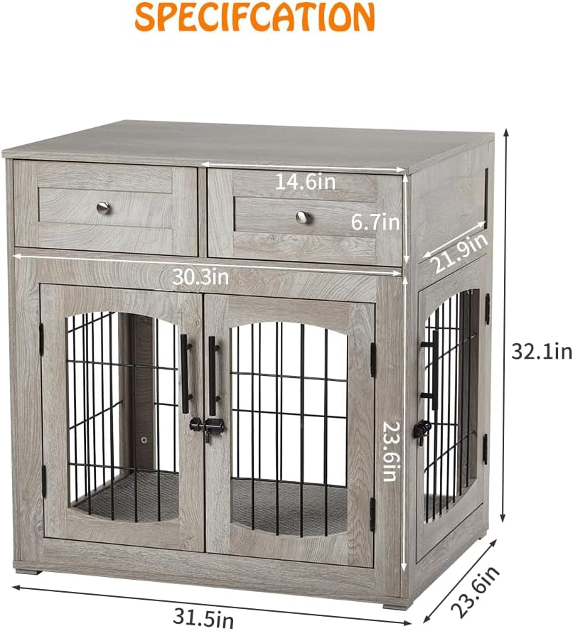 Dog Crate Furniture with Cushion,Wooden Dog Crate Table with 2 Drawers,3-Doors Dog Furniture,Indoor Dog Kennel,Dog House,Dog Cage,Side End Table(31.5 * 23.6 * 32Inch, Rustic Grey)