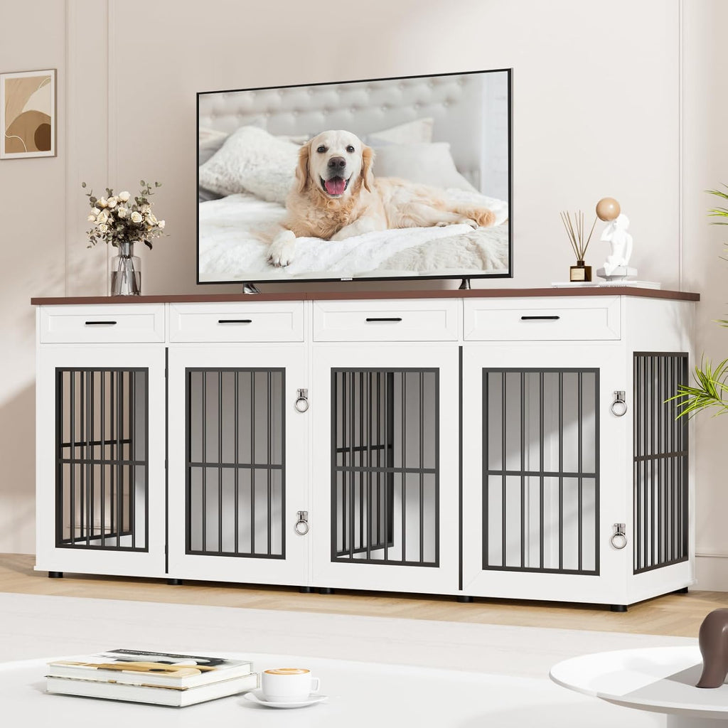 86.7 in Dog Crate Furniture for 2 Dogs, Extra Large Double Dog Cage Furniture TV Stand with Removable Divider, Wooden Dog Kennel Indoor, XXL Thick Dog Crate for Large Medium Dogs, White/Brown