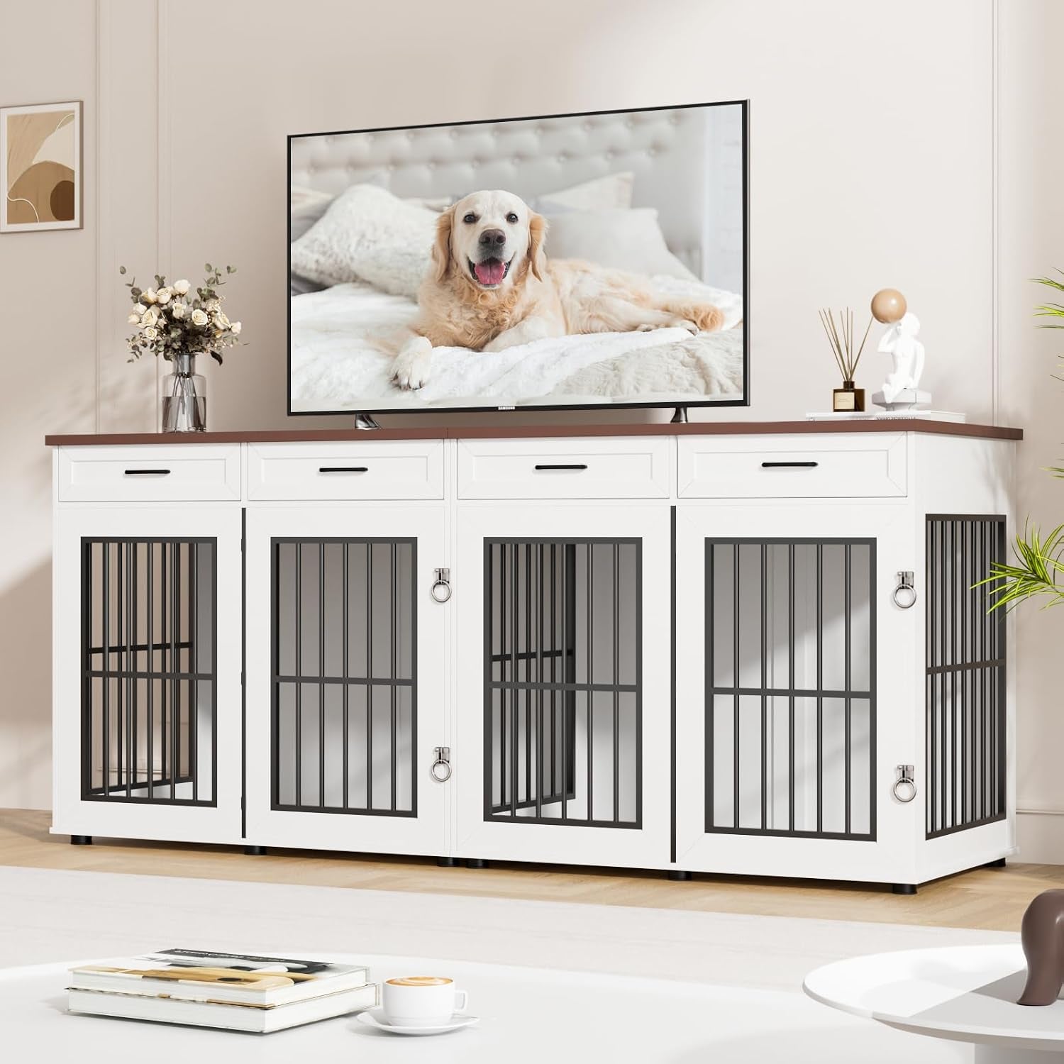 86.7 in Dog Crate Furniture for 2 Dogs, Extra Large Double Dog Cage Furniture TV Stand with Removable Divider, Wooden Dog Kennel Indoor, XXL Thick Dog Crate for Large Medium Dogs, White/Brown
