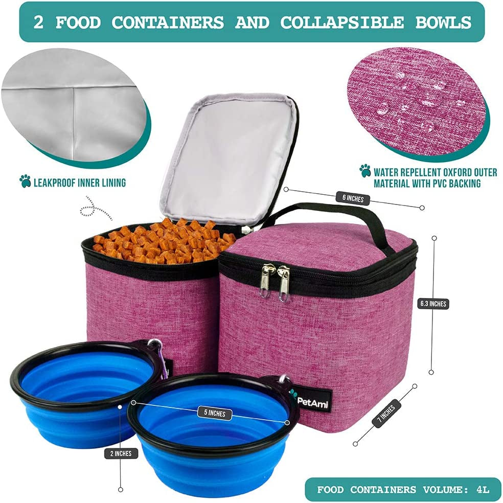 Dog Travel Backpack 27L Airline Approved Pet Supplies Bag, Pink | Cat Traveling Suitcase Organizer for Weekend Road Trip Camping; 2 Food Containers, 2 Collapsible Bowls & Poop Bag Dispenser