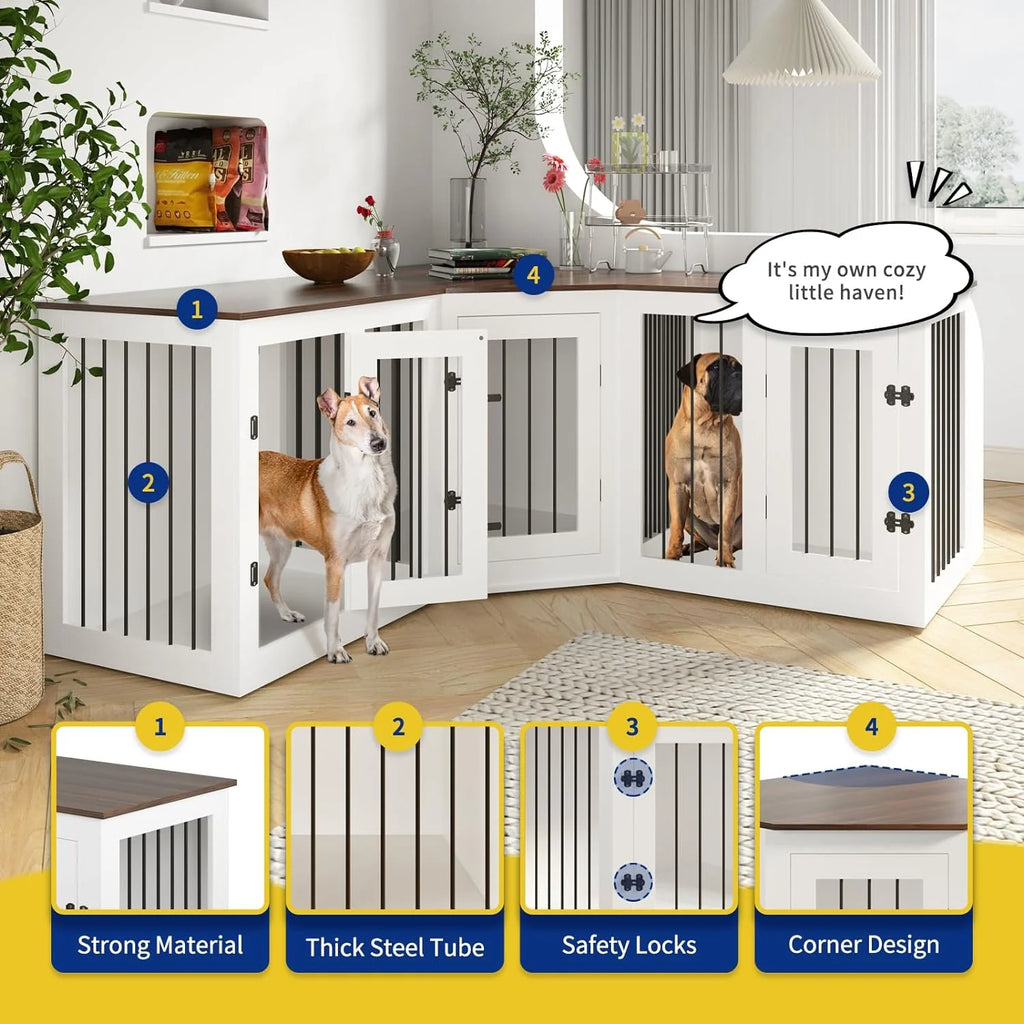 113" Large Dog Crate Furniture for 3 Dogs, Corner Dog Crate with Divider, Wooden Indoor Dog Kennel Furniture, Dog Crate Cage for Large Medium Small Dogs, Combined in 3 Ways