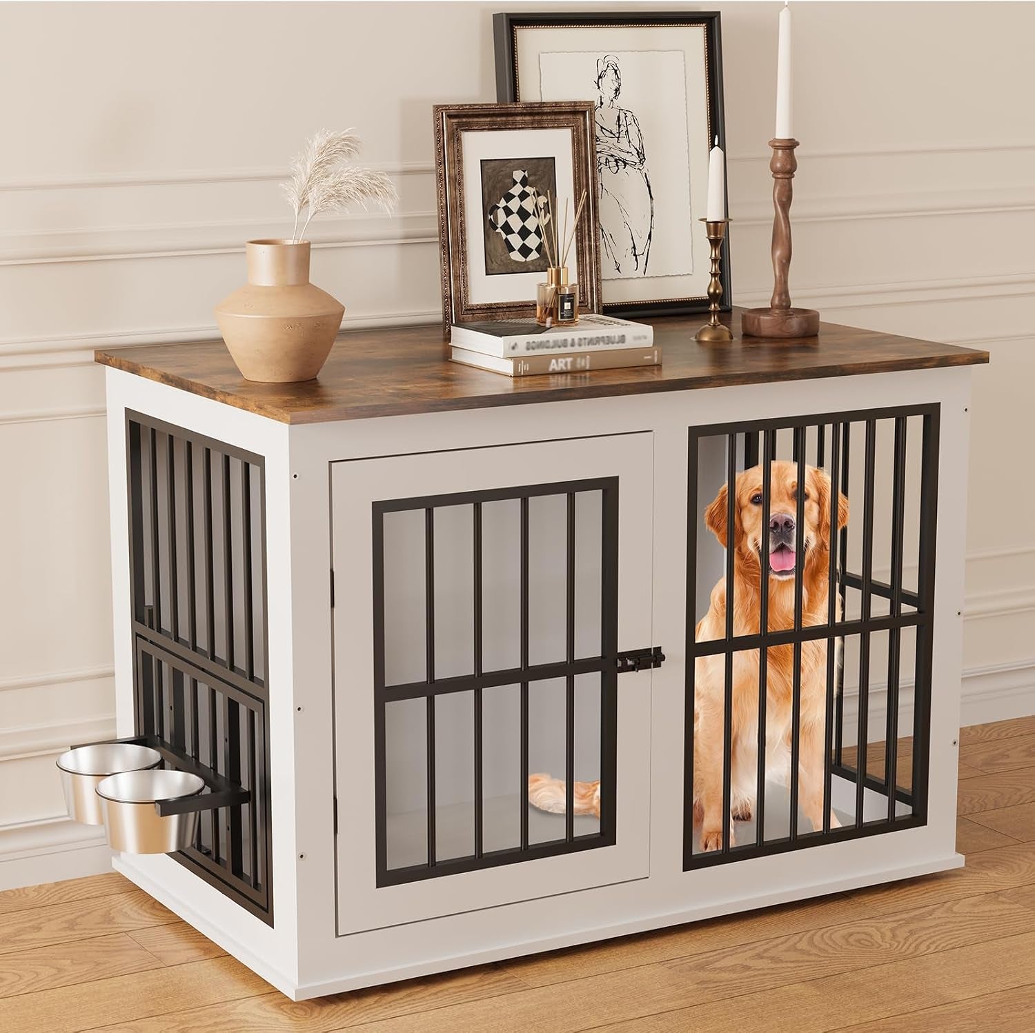 Dog Crate Furniture with Liftable Top, 40" White Wooden Dog Kennel End Table, Heavy Duty Pet Cage for Large Medium Dogs, 200Lb Capacity White