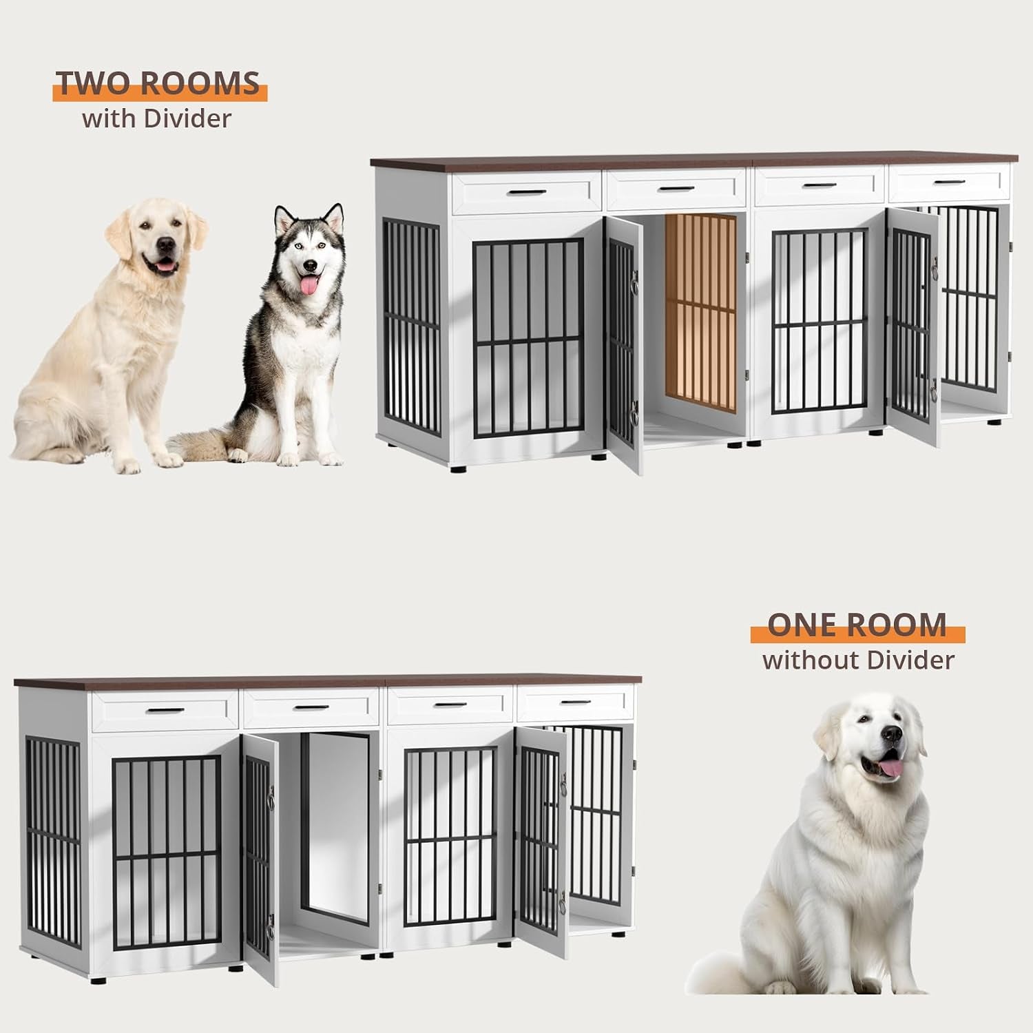 86.7 in Dog Crate Furniture for 2 Dogs, Extra Large Double Dog Cage Furniture TV Stand with Removable Divider, Wooden Dog Kennel Indoor, XXL Thick Dog Crate for Large Medium Dogs, White/Brown