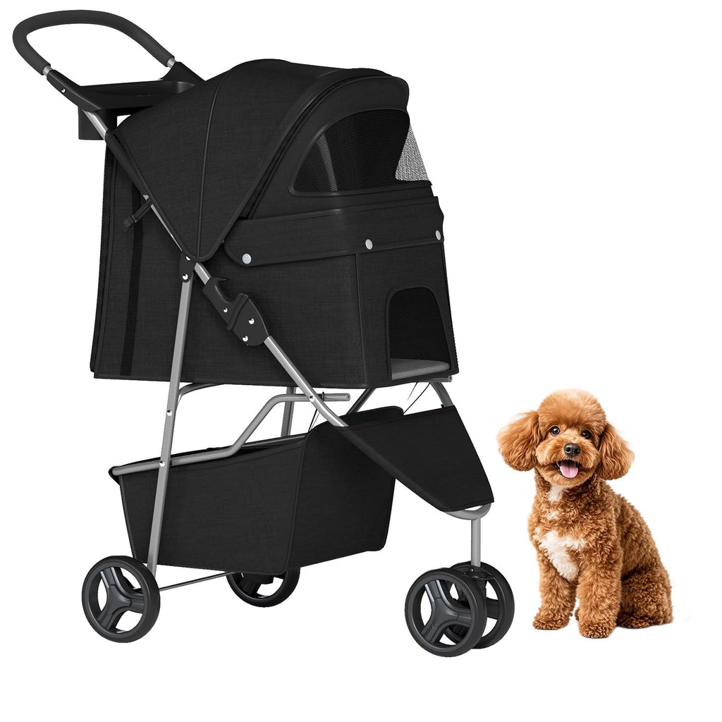 | 3-Wheel Pet Stroller | Dog and Cat Stroller | Breathable Mesh | Lightweight Travel Carrier | Waterproof & Foldable Design | Storage Basket | Black | for Daily Walks & Outdoor Use | Breathable Mesh | Lightweight, Waterproof Travel Carrier with Cup Holder & Storage Basket | for Daily Walks & Outdoor Use