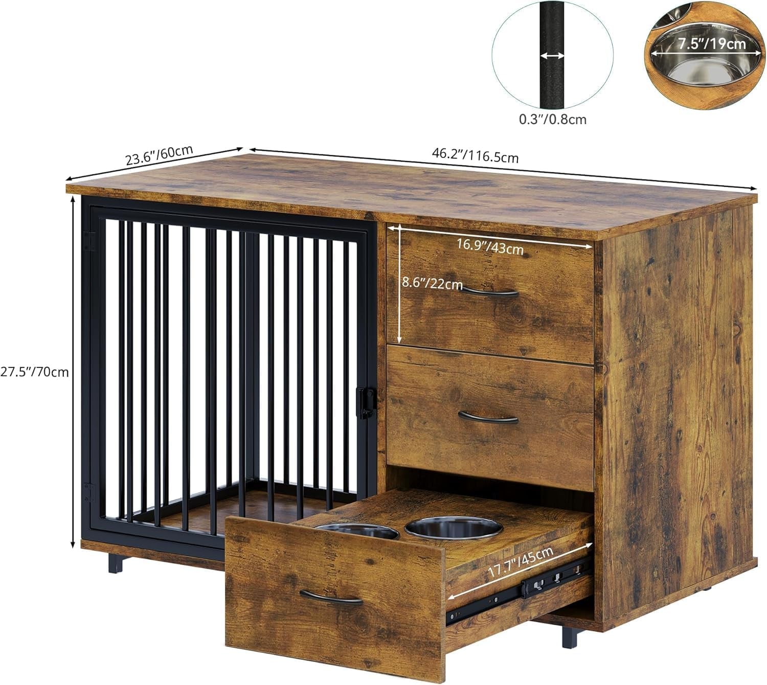 46" Dog Crate Furniture with Hidden Dog Feeders & 2 Drawers | Stylish Dog Kennel End Table, Indoor Pet Cage Dog House for Medium Small Dogs, Brown