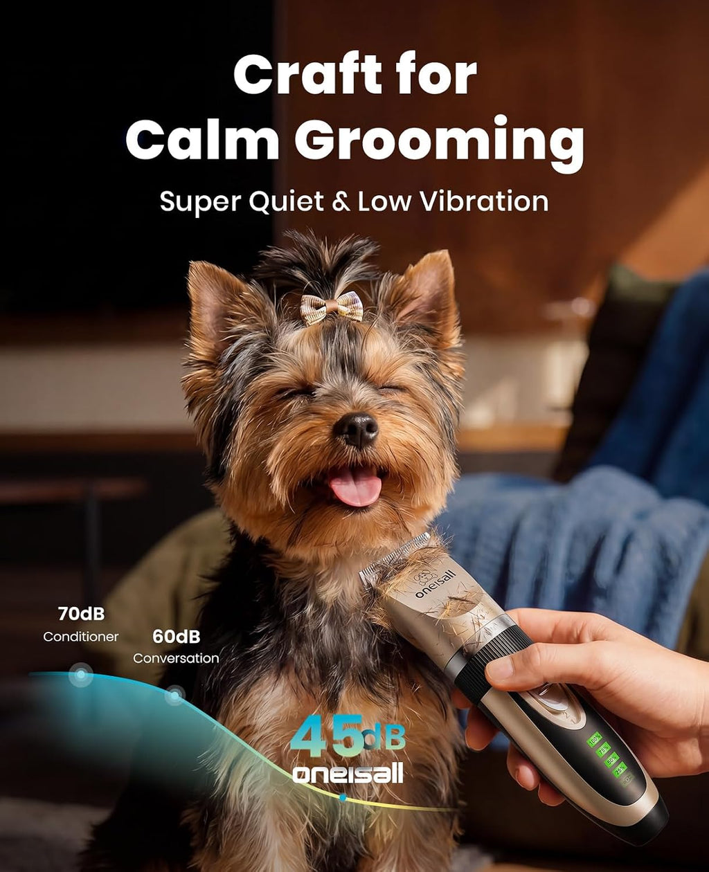 Dog Grooming Clippers with LED Display for Dogs & Cats | Low Noise Quiet,2-Speed,Cordless Rechargeable,Fast Charge,Detachable,Waterproof,Battery Level Display, Model X2,Gold